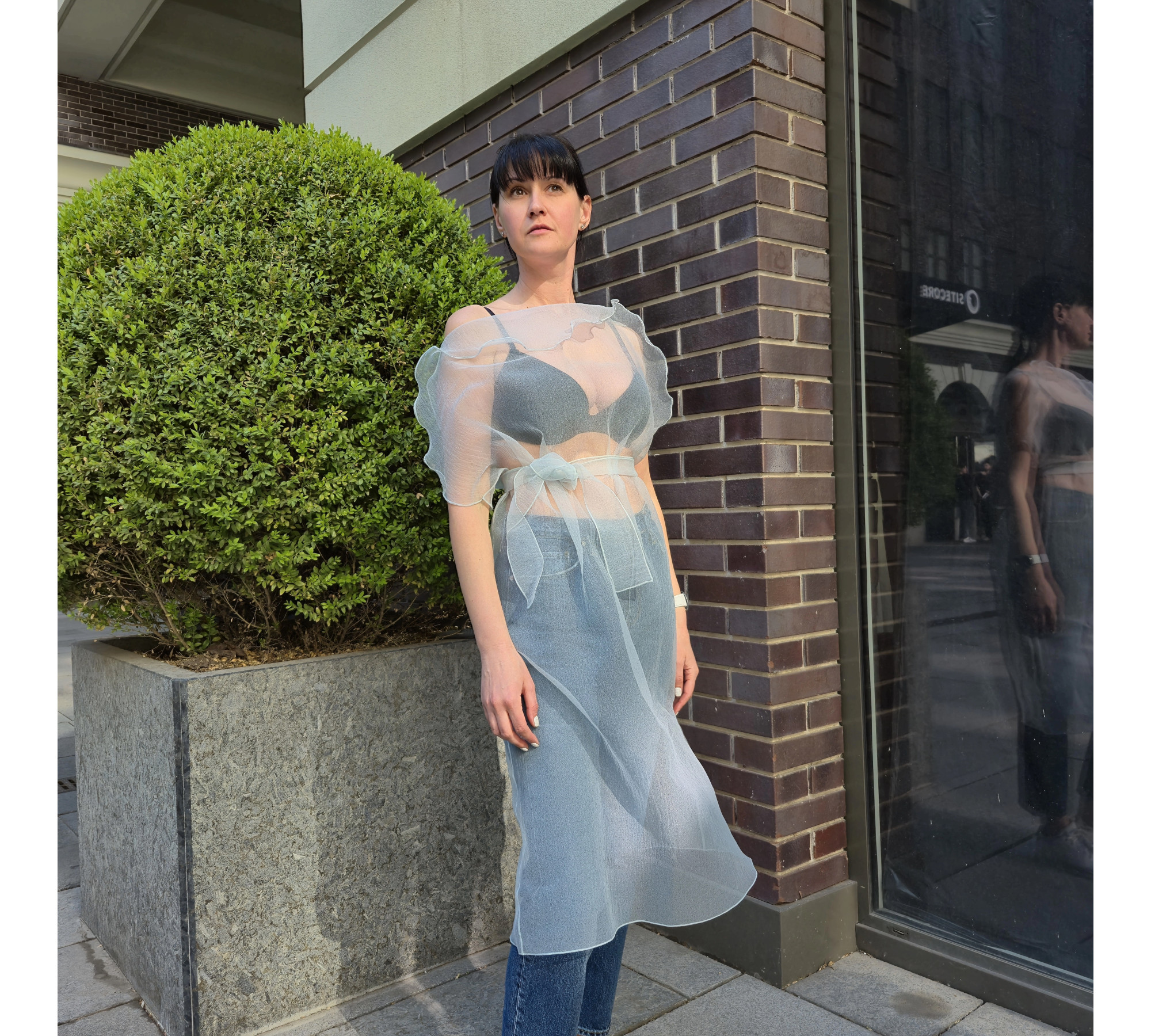 Pale Blue Crinkled Organza Sheer Belted Dress turn back to front.