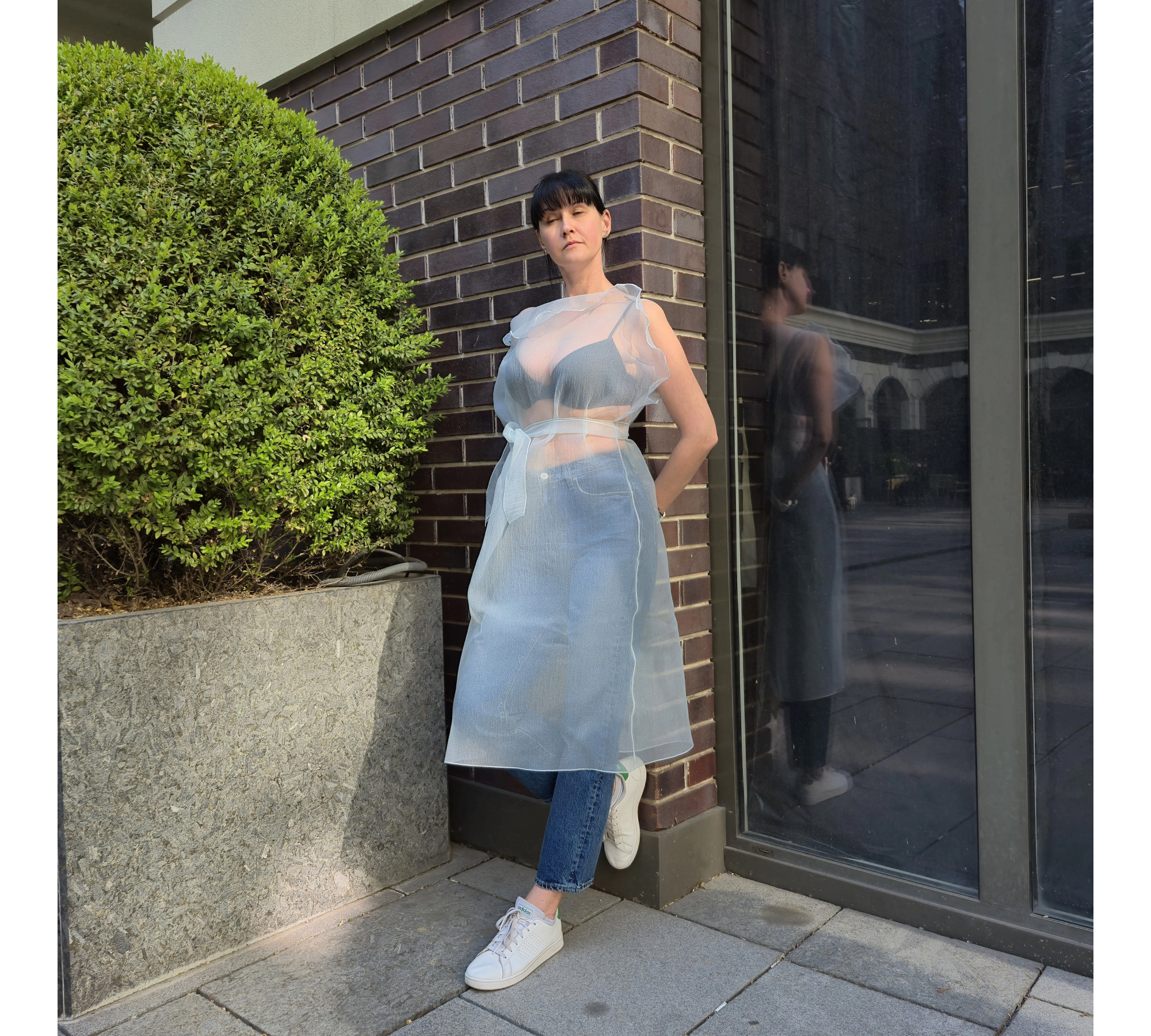 Pale Blue Crinkled Organza Sheer Belted Dress turn back to front.