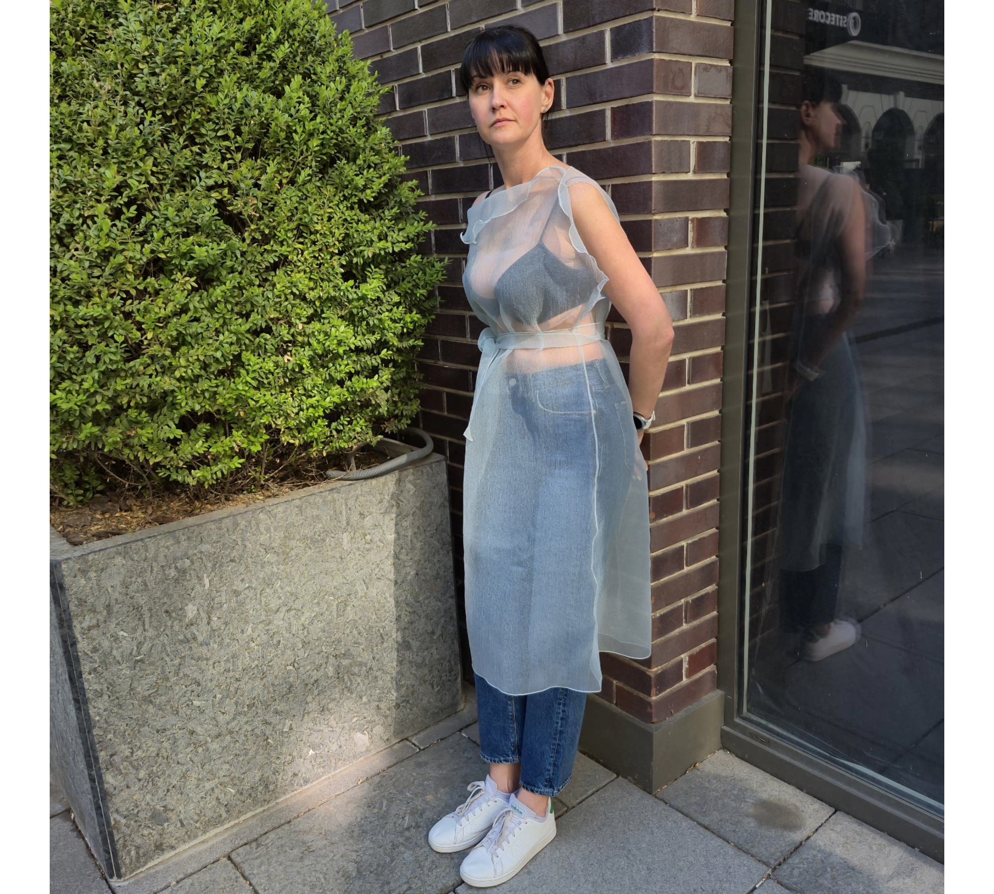 Pale Blue Crinkled Organza Sheer Belted Dress turn back to front.