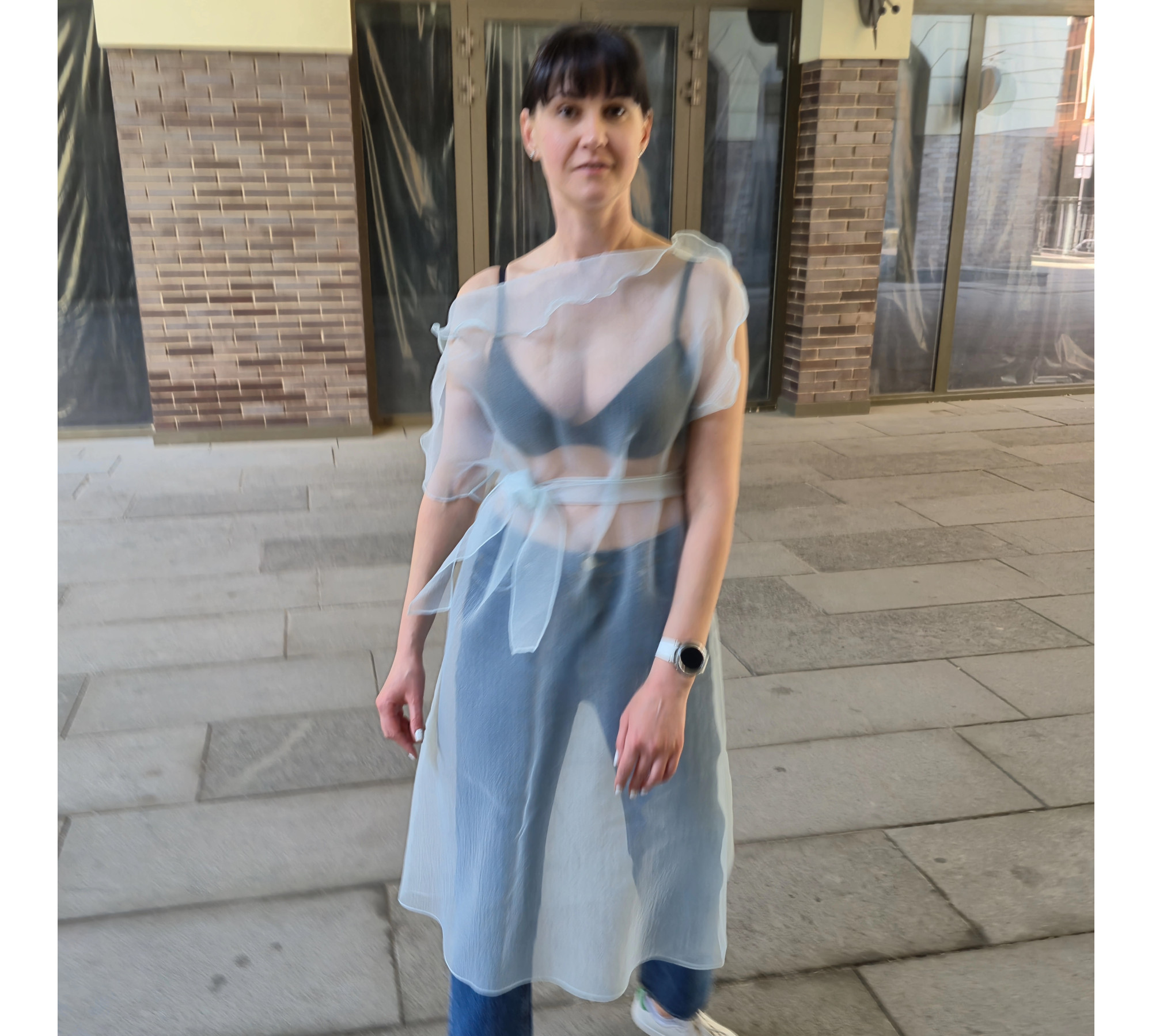 Pale Blue Crinkled Organza Sheer Belted Dress turn back to front.