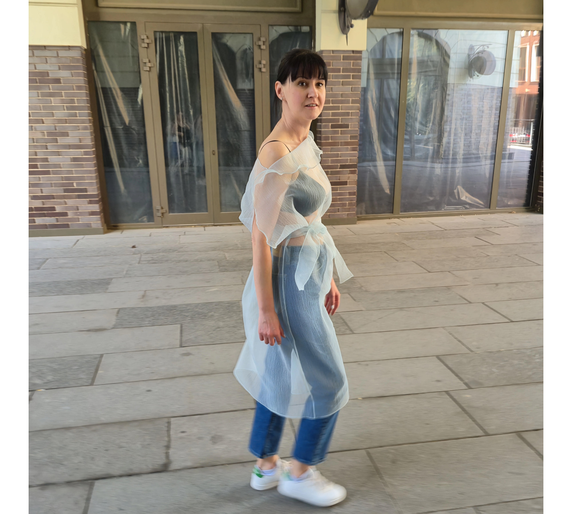 Pale Blue Crinkled Organza Sheer Belted Dress turn back to front.