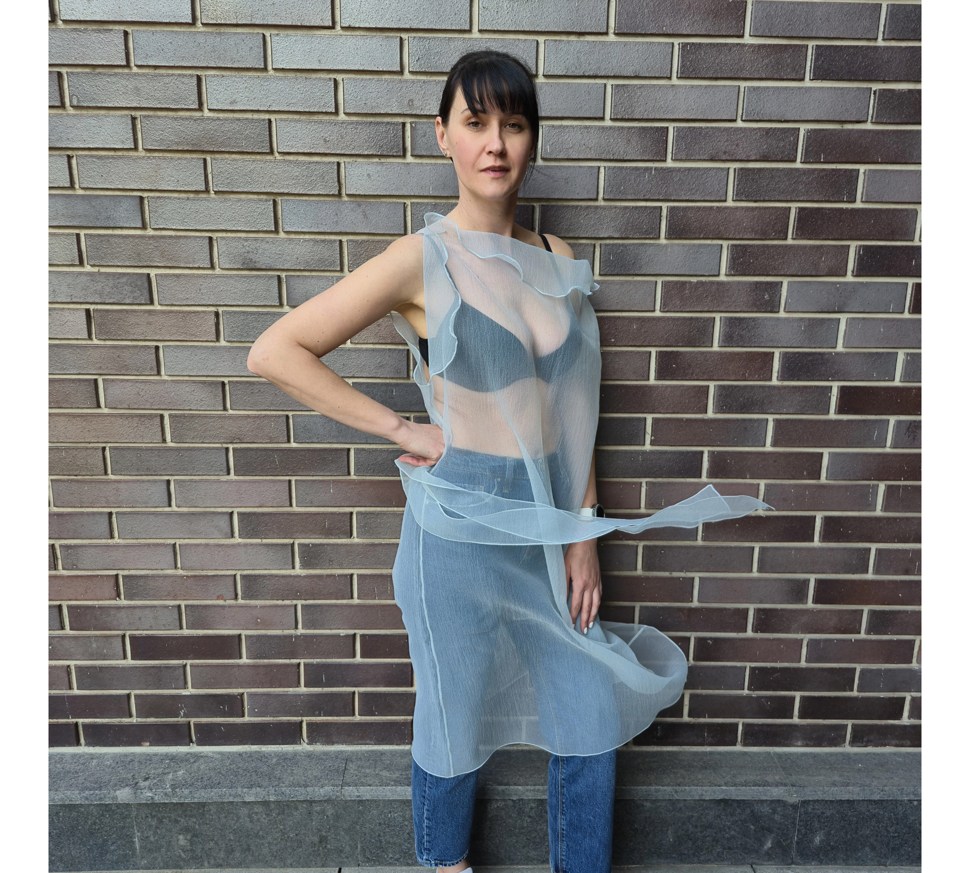 Pale Blue Crinkled Organza Sheer Belted Dress turn back to front.