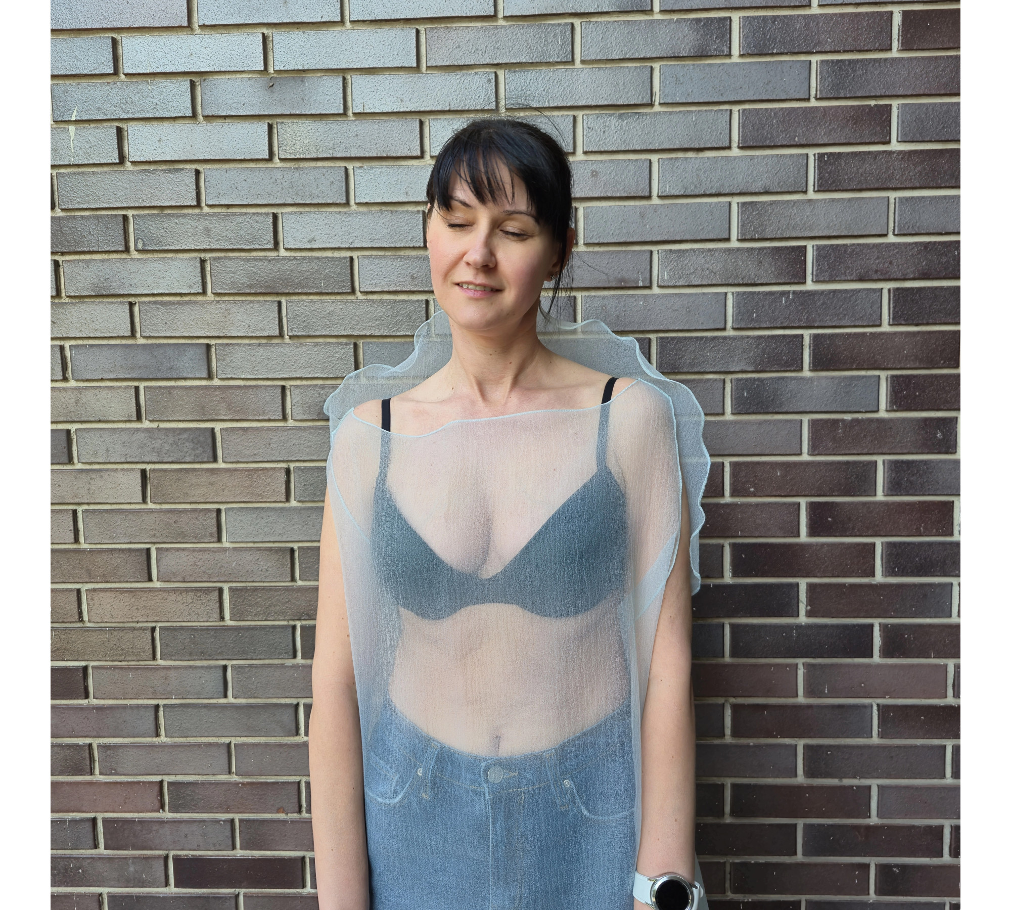 Pale Blue Crinkled Organza Sheer Belted Dress turn back to front.