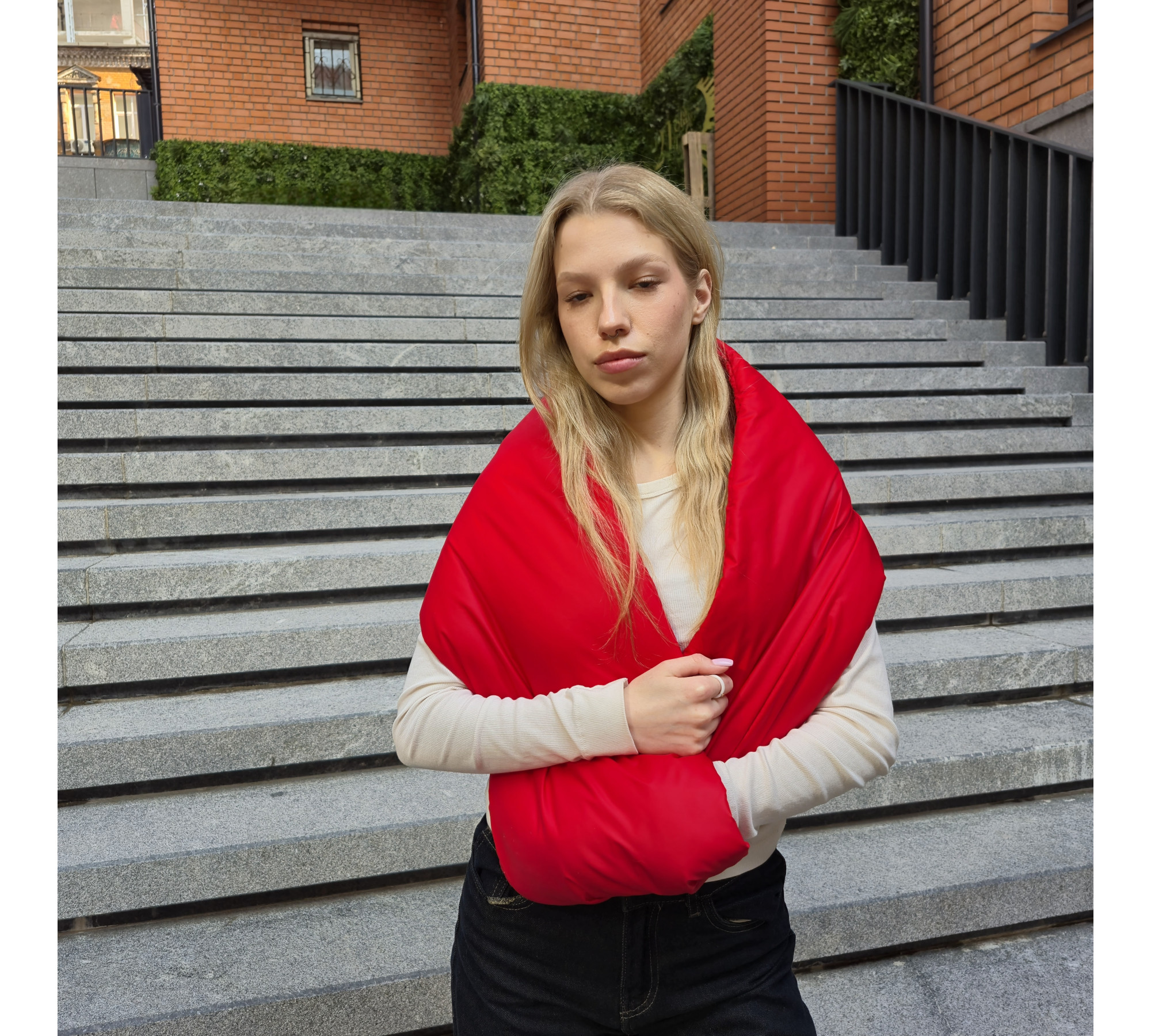 Quilted infinity shawl. Bright twist scarf.