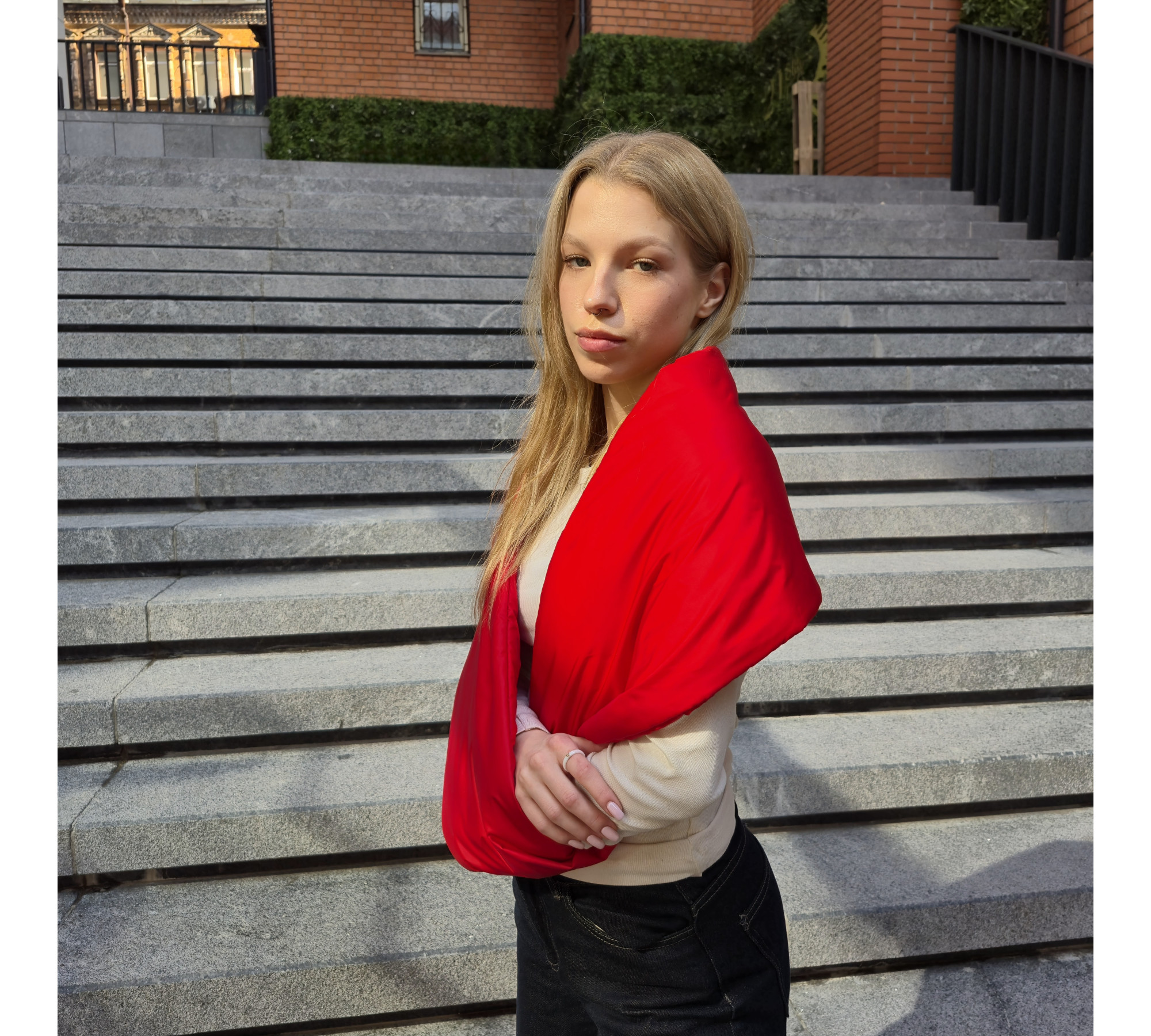 Quilted infinity shawl. Bright twist scarf.