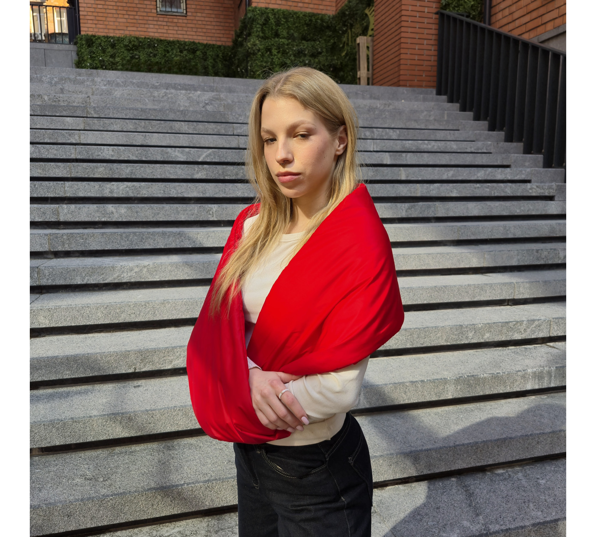 Quilted infinity shawl. Bright twist scarf.