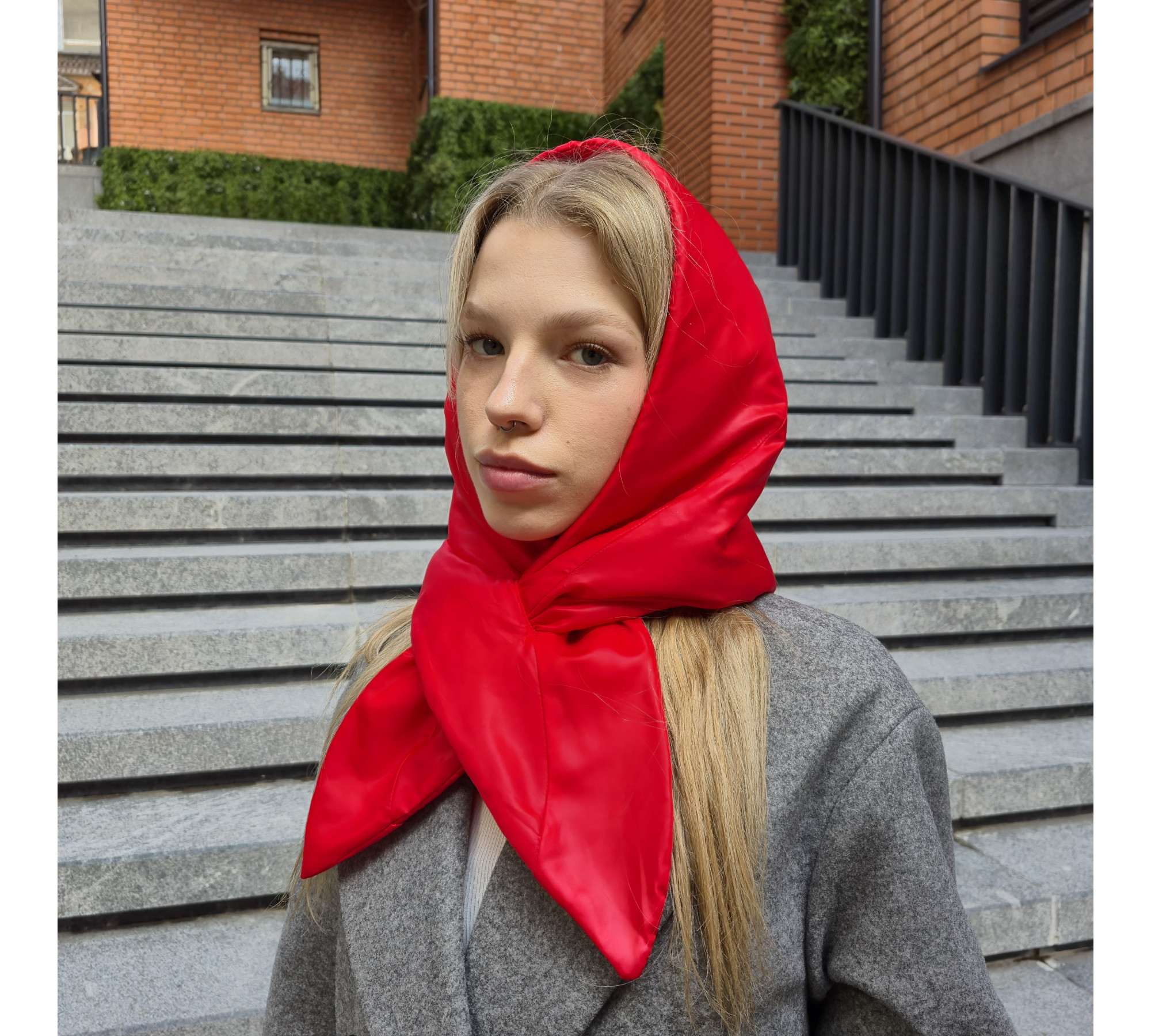 Hood scarf puffer. Warm quilted kerchief.