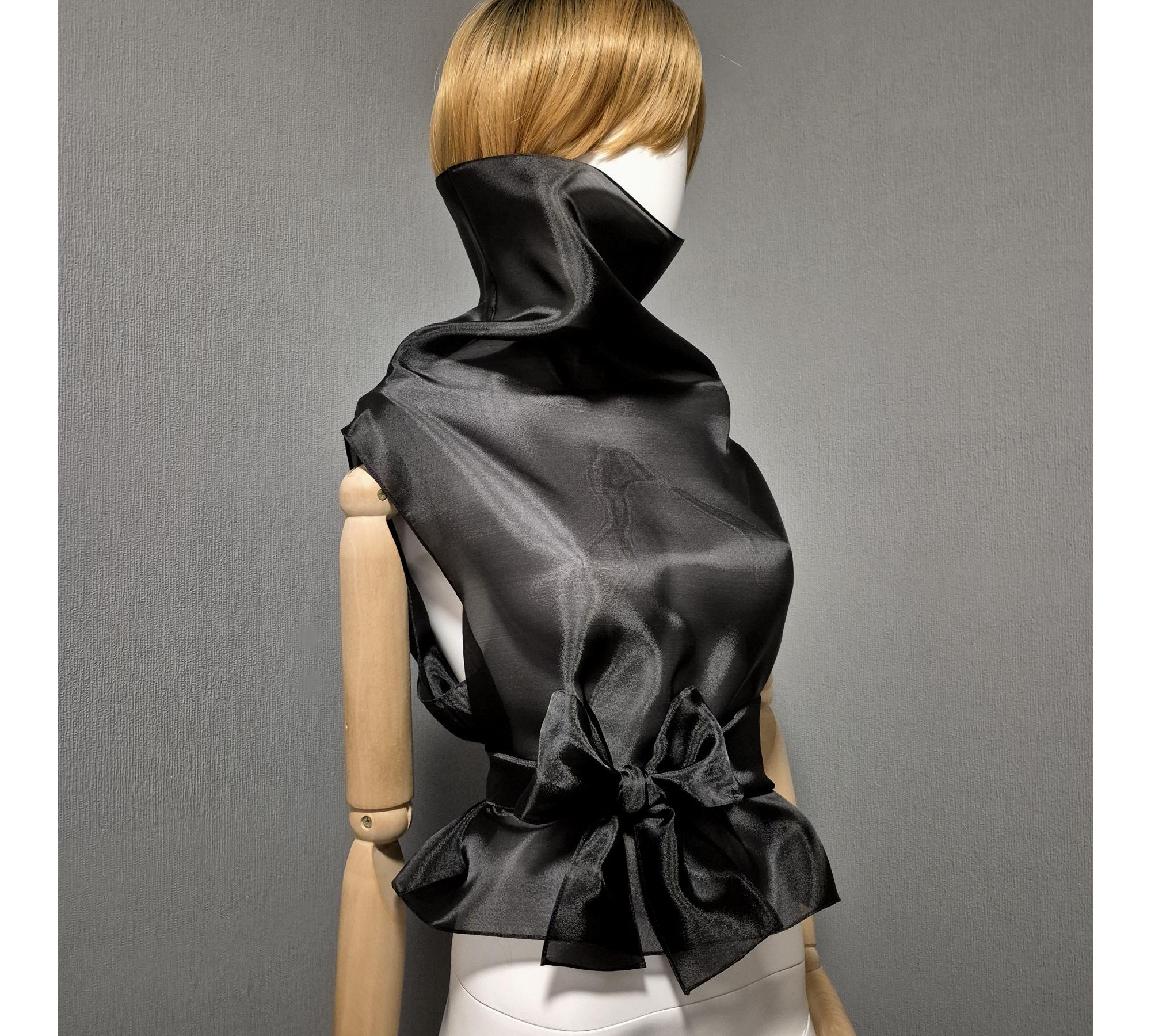 Black gothic style belted blouse a high neck, made of translucent organza.