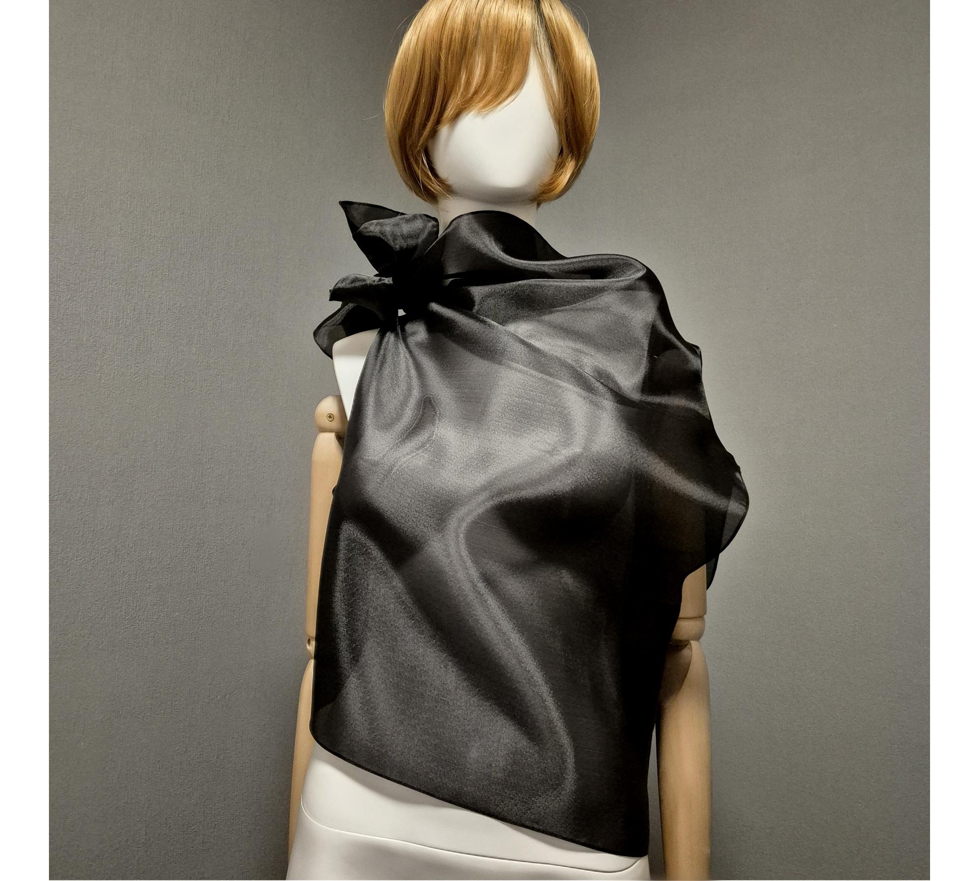 Black gothic style belted blouse a high neck, made of translucent organza.