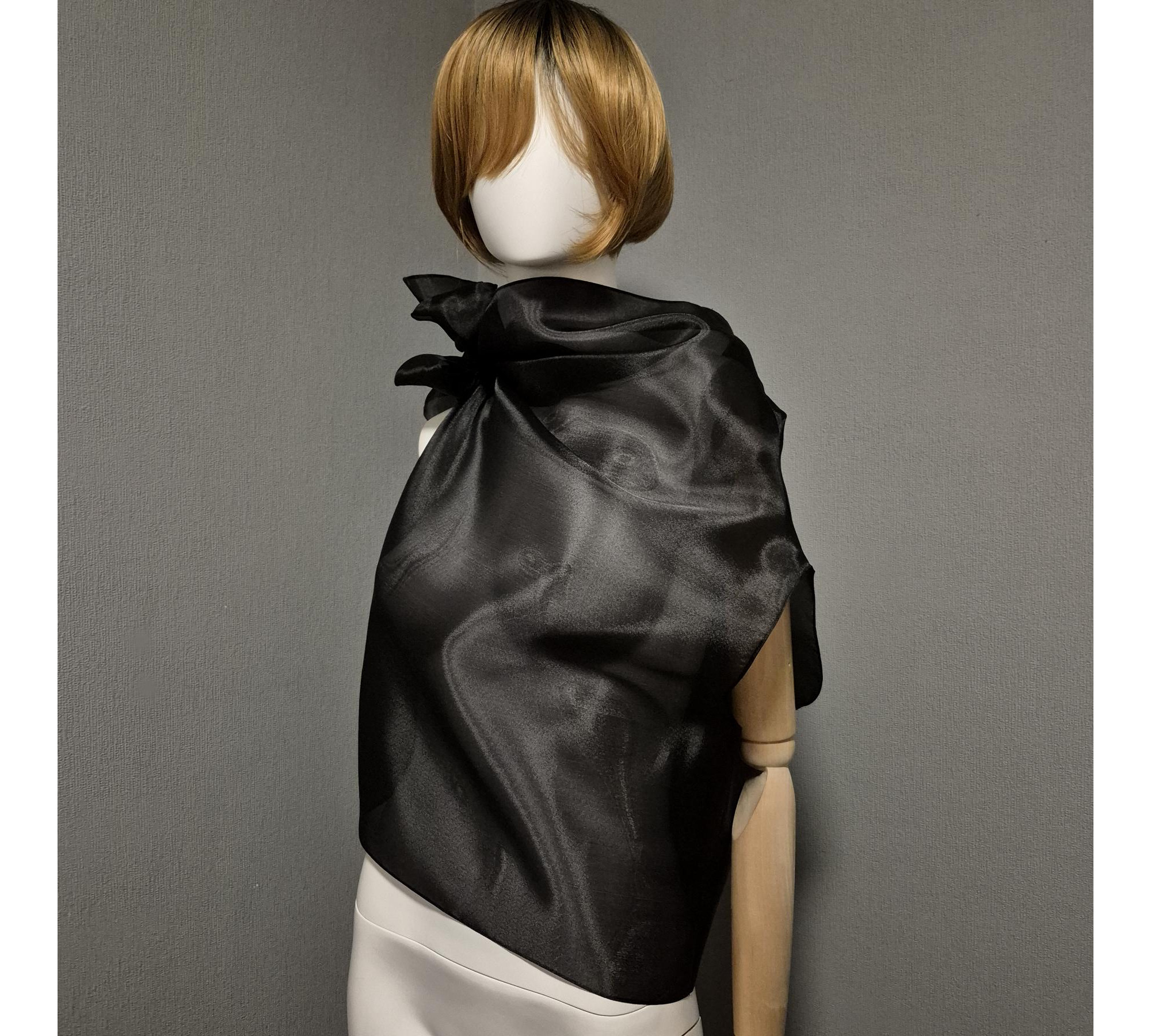 Black gothic style belted blouse a high neck, made of translucent organza.