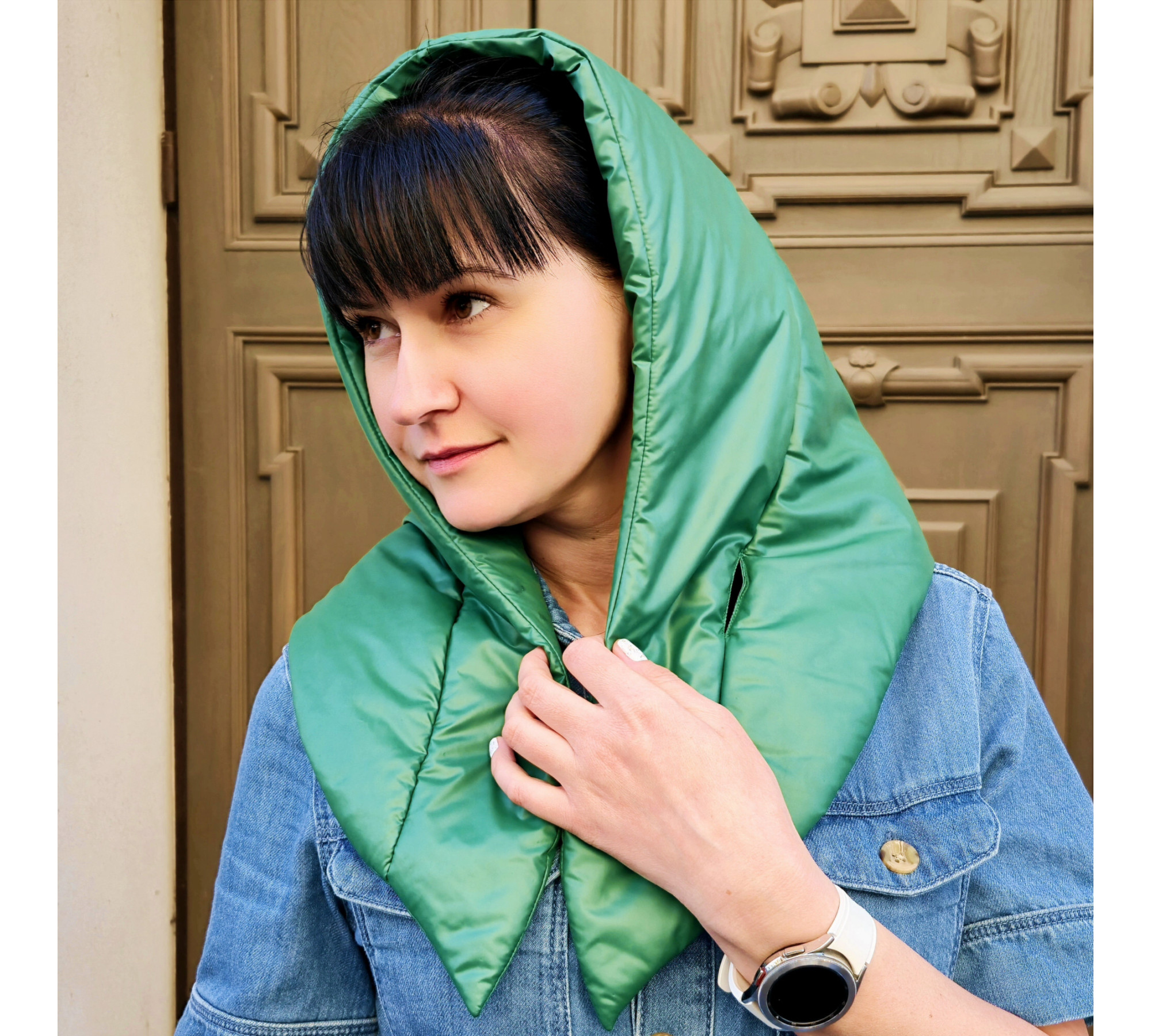 Hood scarf puffer. Warm quilted kerchief. Light down headdress. 