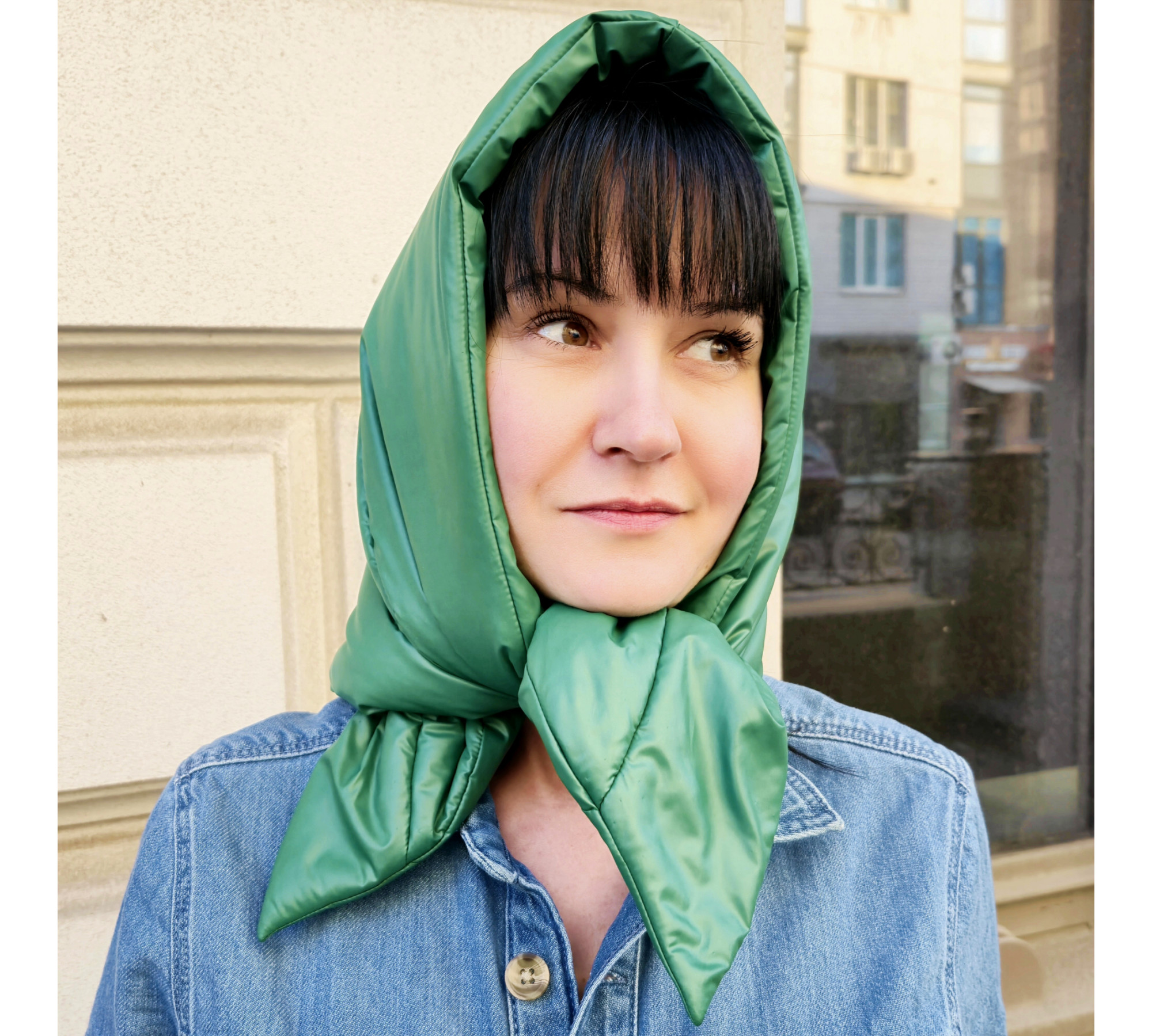 Hood scarf puffer. Warm quilted kerchief. Light down headdress. 