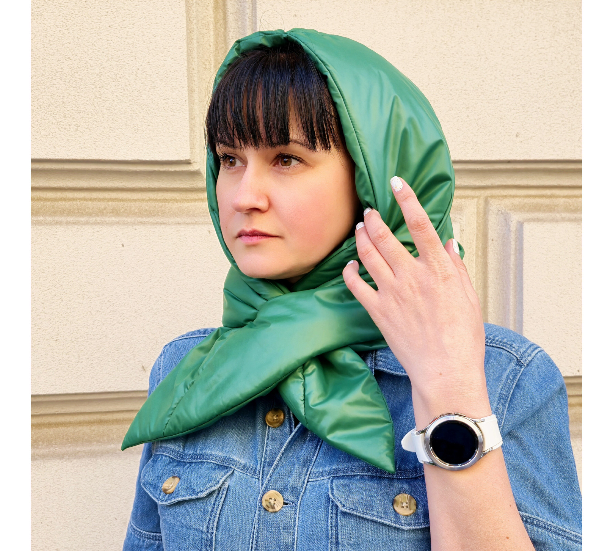 Hood scarf puffer. Warm quilted kerchief. Light down headdress. 