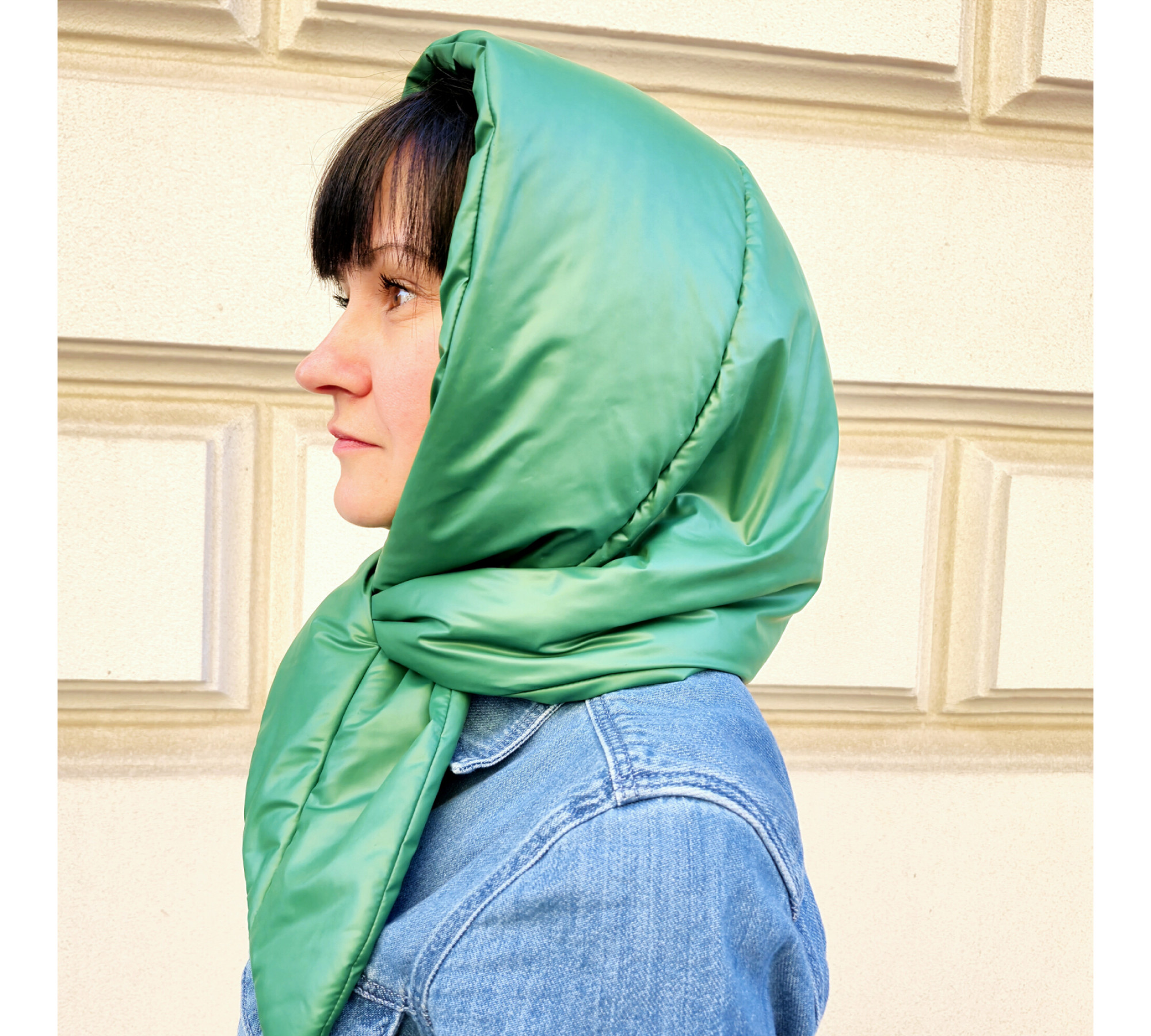 Hood scarf puffer. Warm quilted kerchief. Light down headdress. 