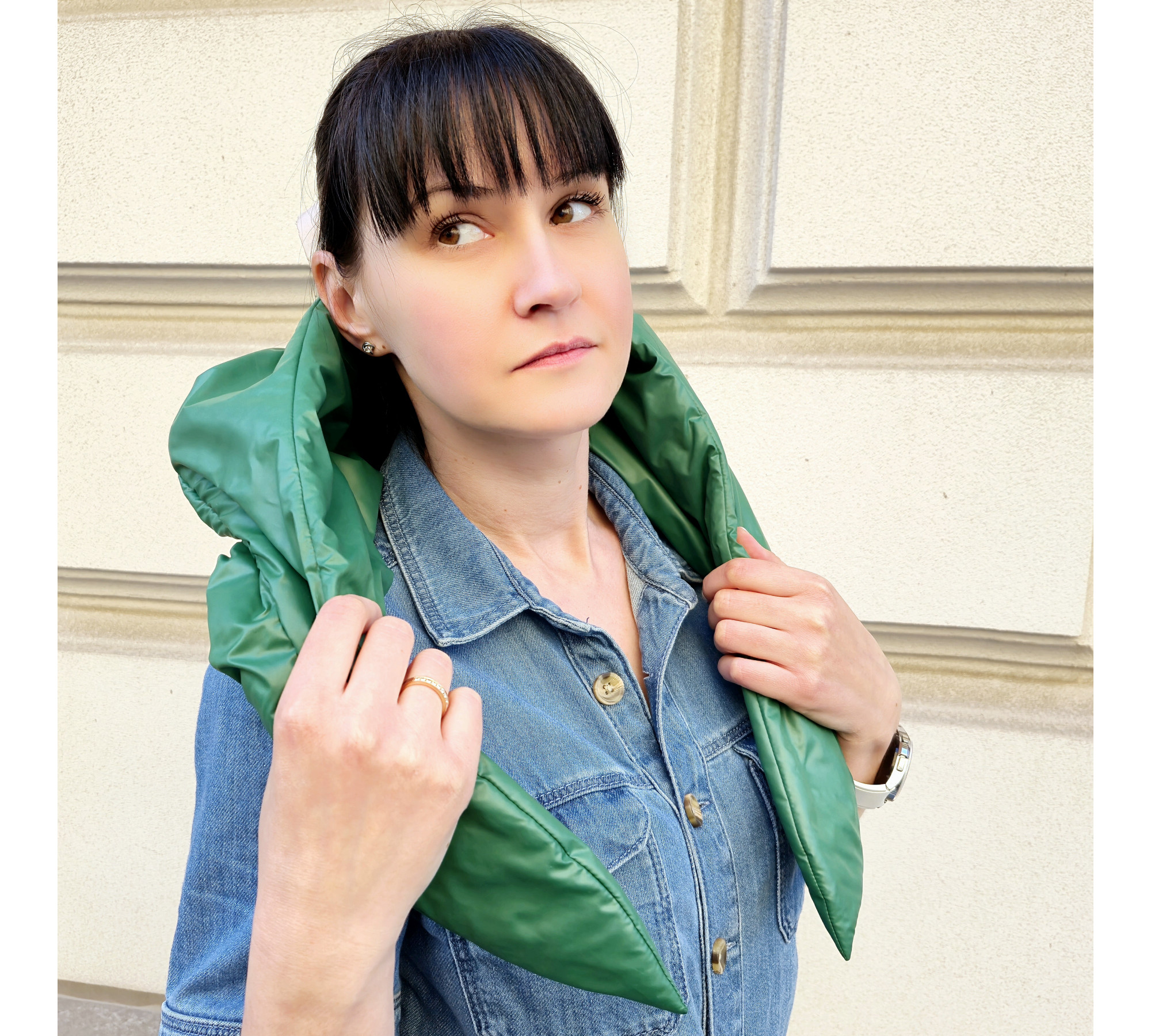 Hood scarf puffer. Warm quilted kerchief. Light down headdress. 