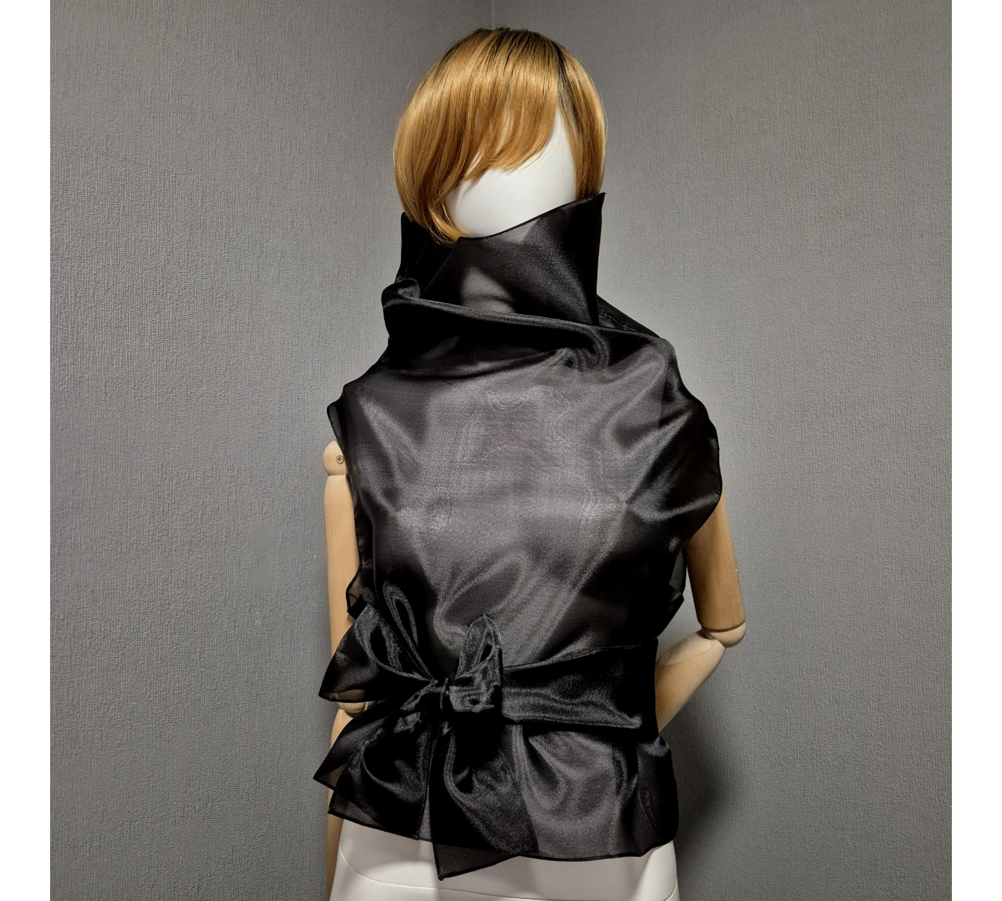 Black gothic style belted blouse a high neck, made of translucent organza.