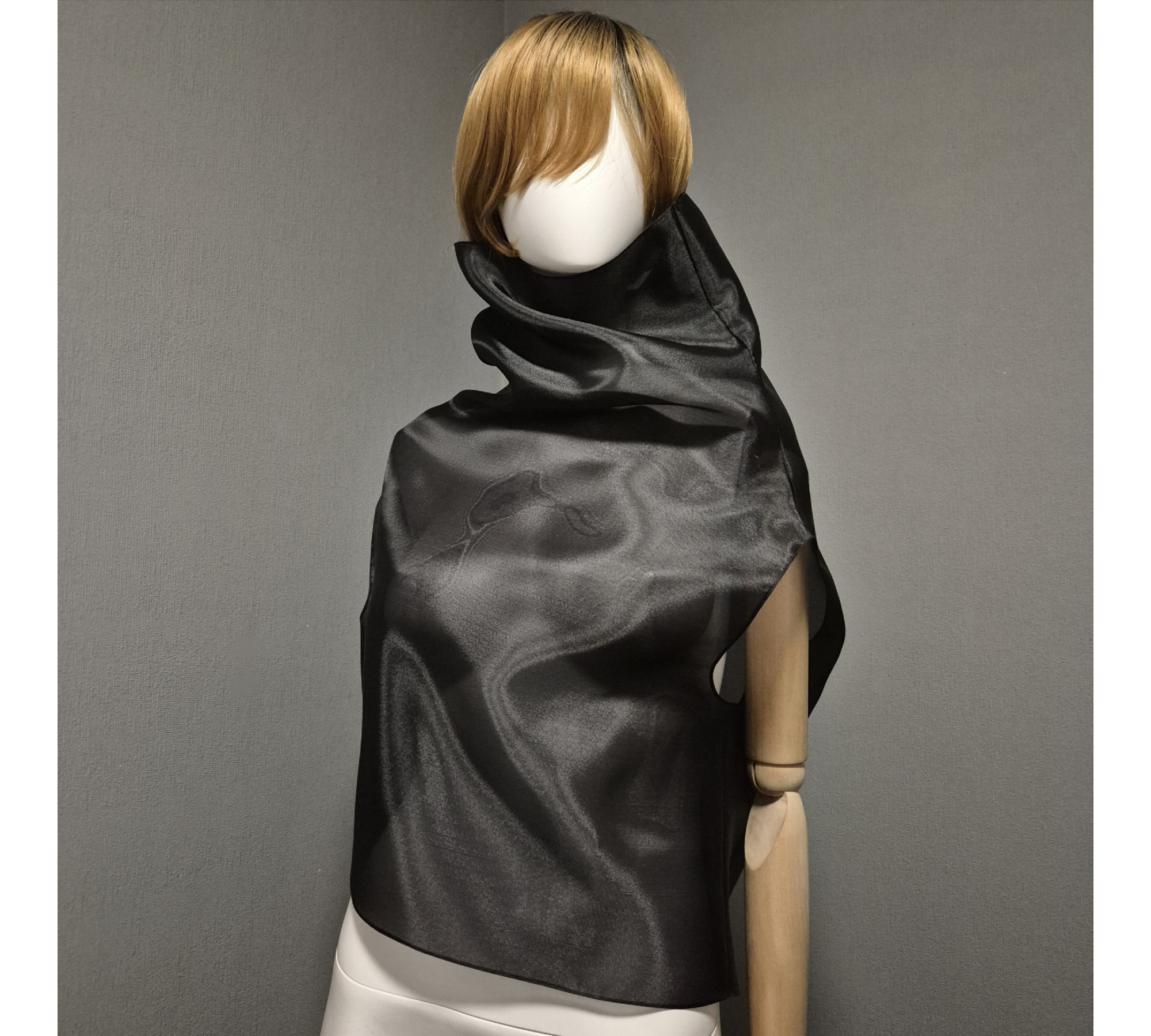 Black gothic style belted blouse a high neck, made of translucent organza.