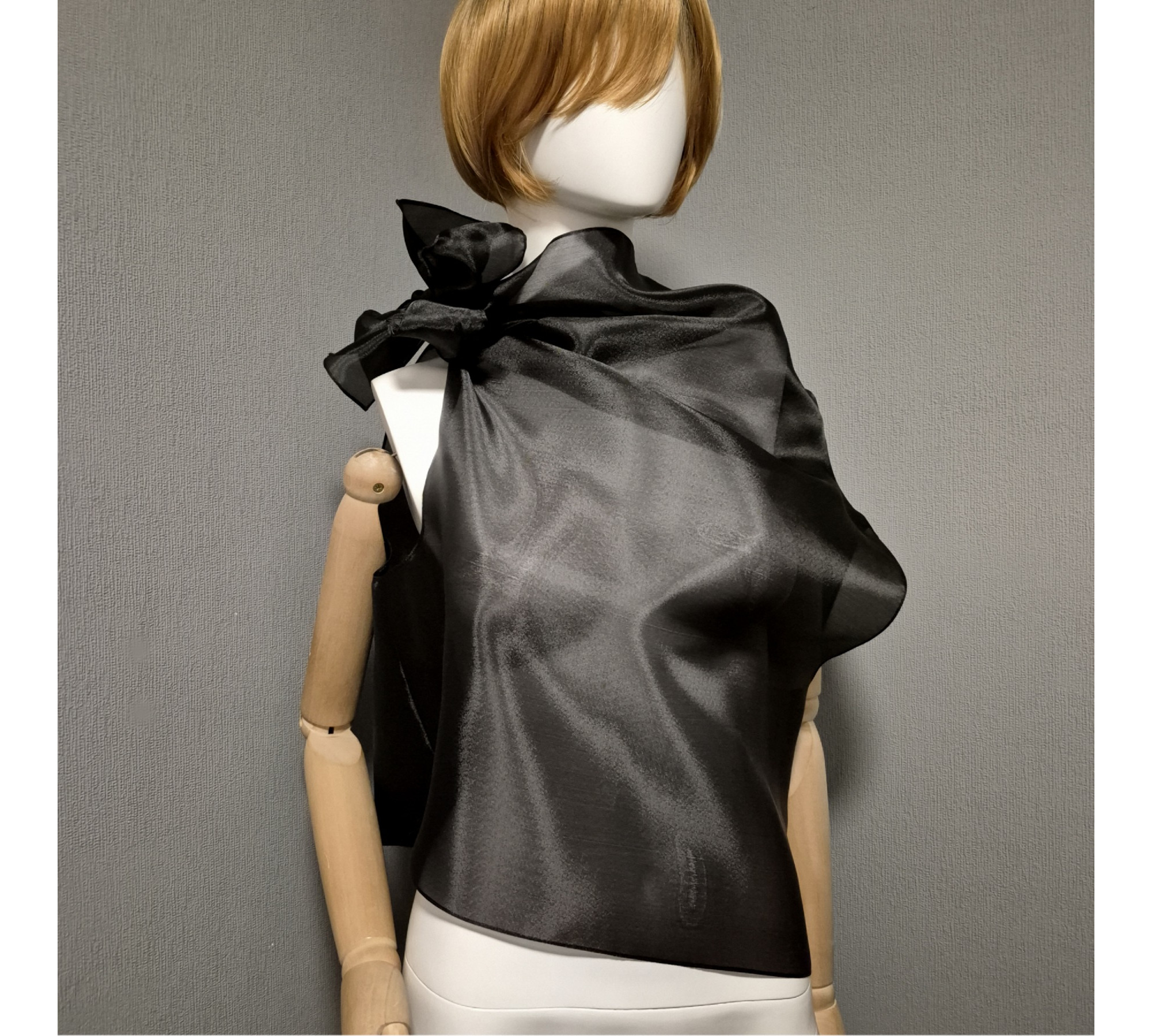 Black gothic style belted blouse a high neck, made of translucent organza.