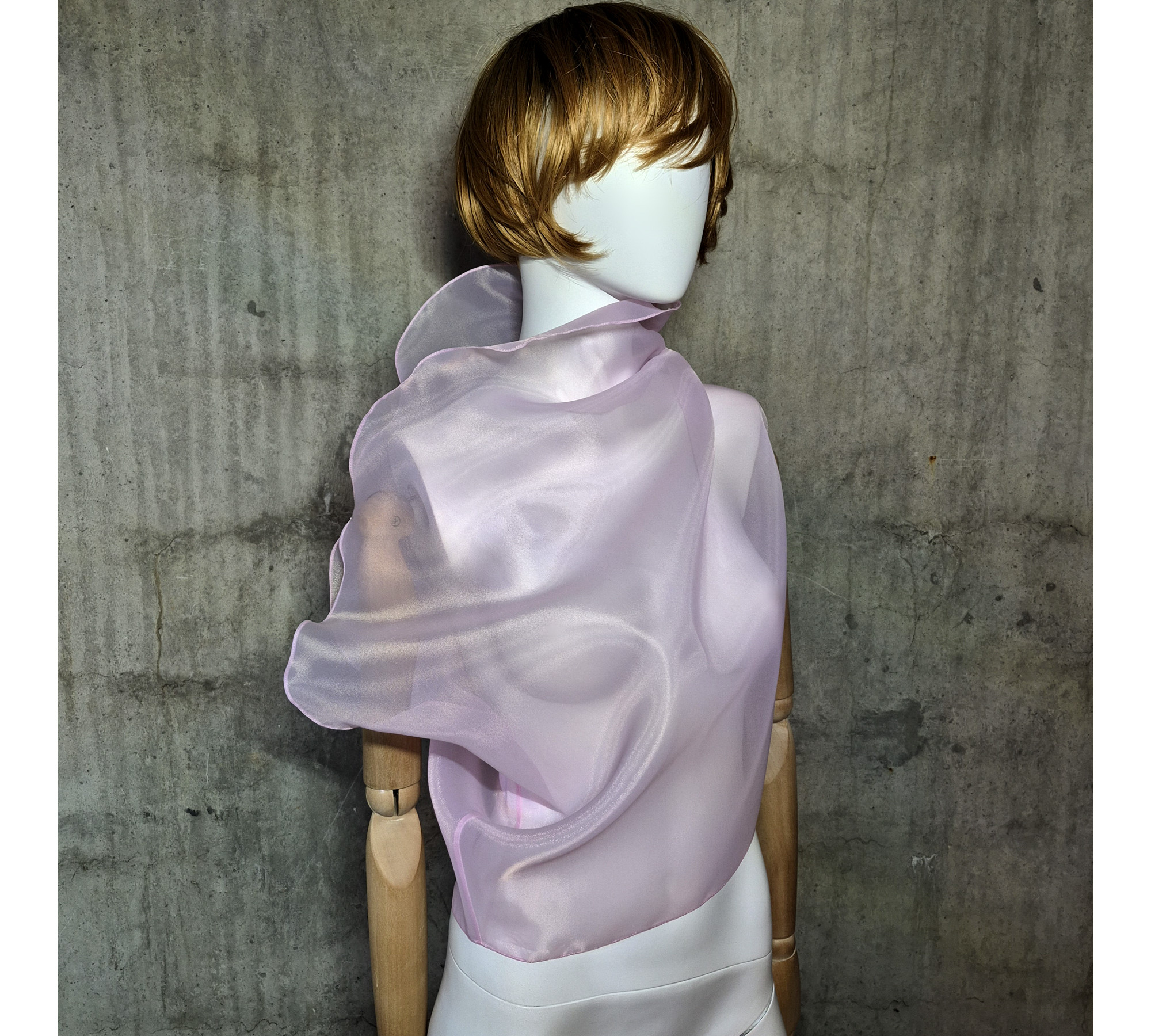 Pink asymmetrical blouse a high neck, made of translucent organza. Pink asymmetrical blouse a high neck, made of translucent organza.