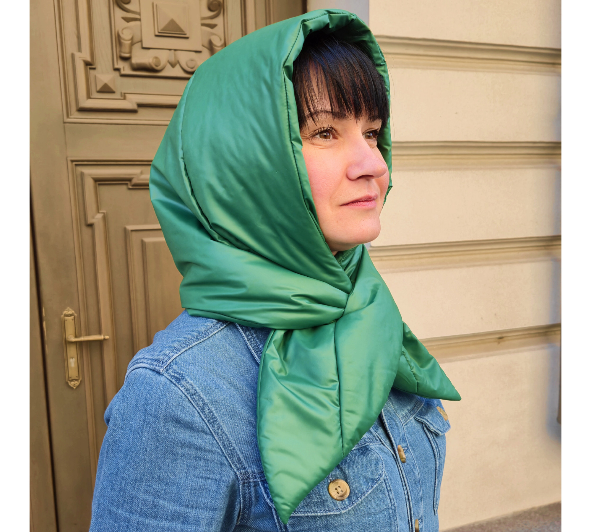 Hood scarf puffer. Warm quilted kerchief. Light down headdress. 