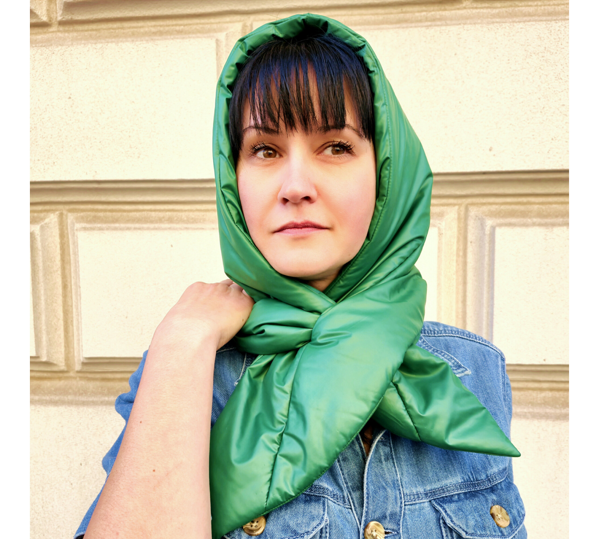 Hood scarf puffer. Warm quilted kerchief. Light down headdress. 