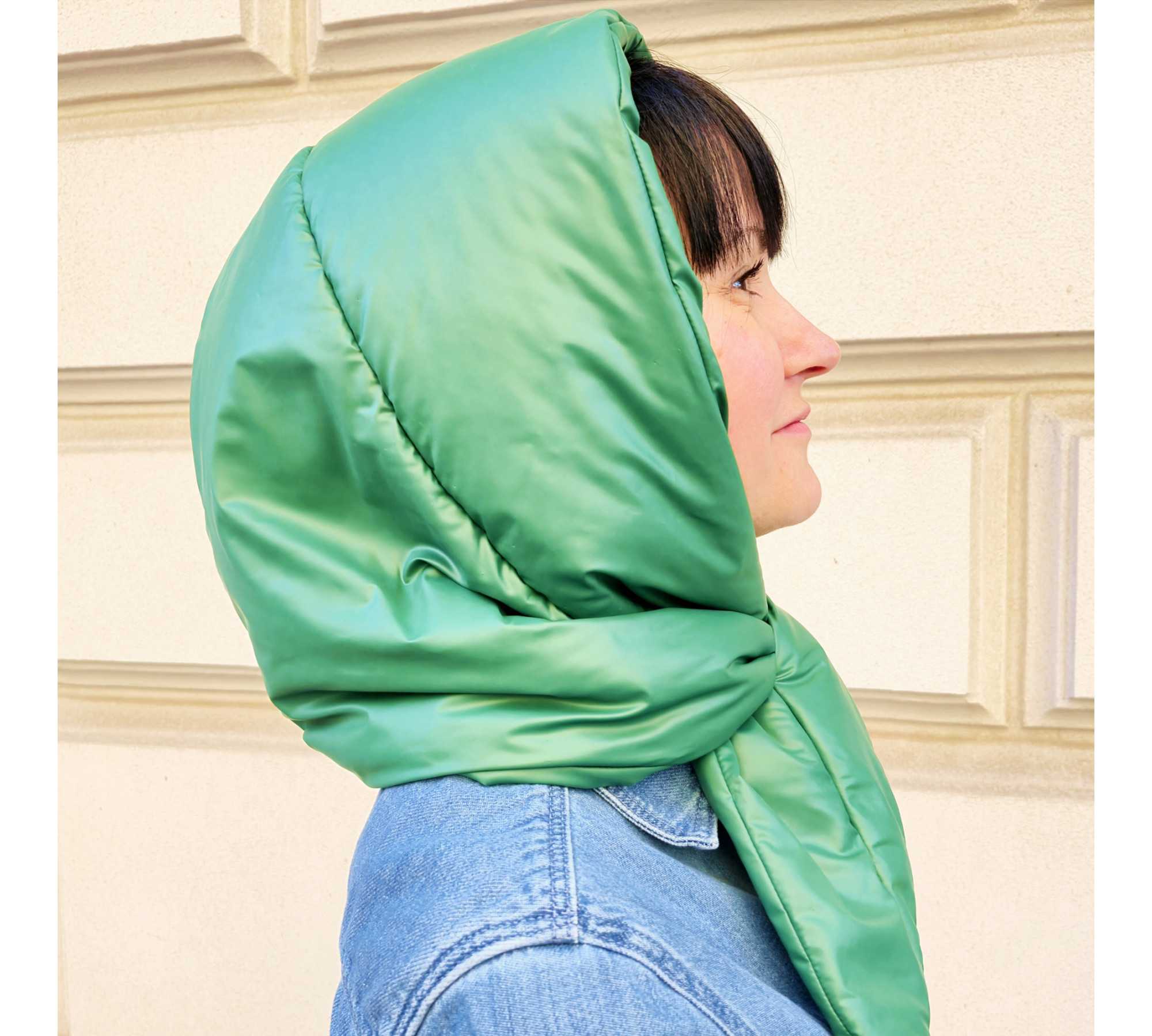 Hood scarf puffer. Warm quilted kerchief. Light down headdress. 