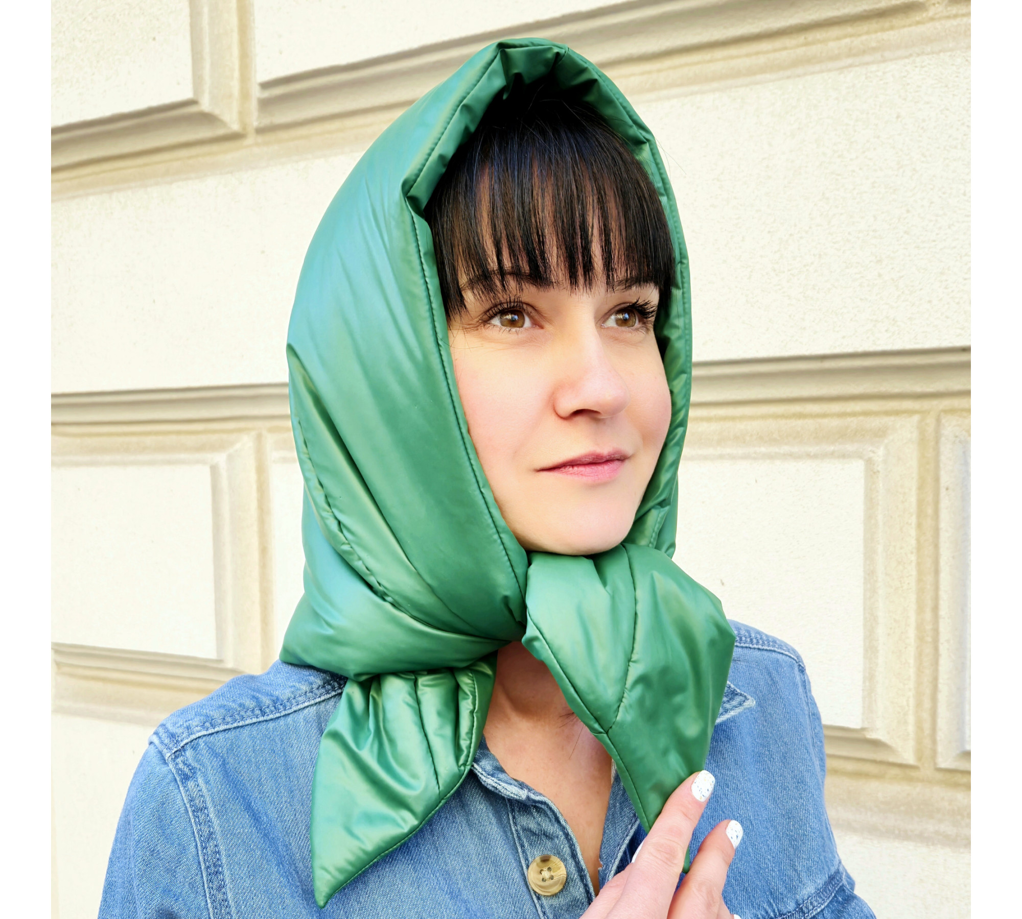Hood scarf puffer. Warm quilted kerchief. Light down headdress. 