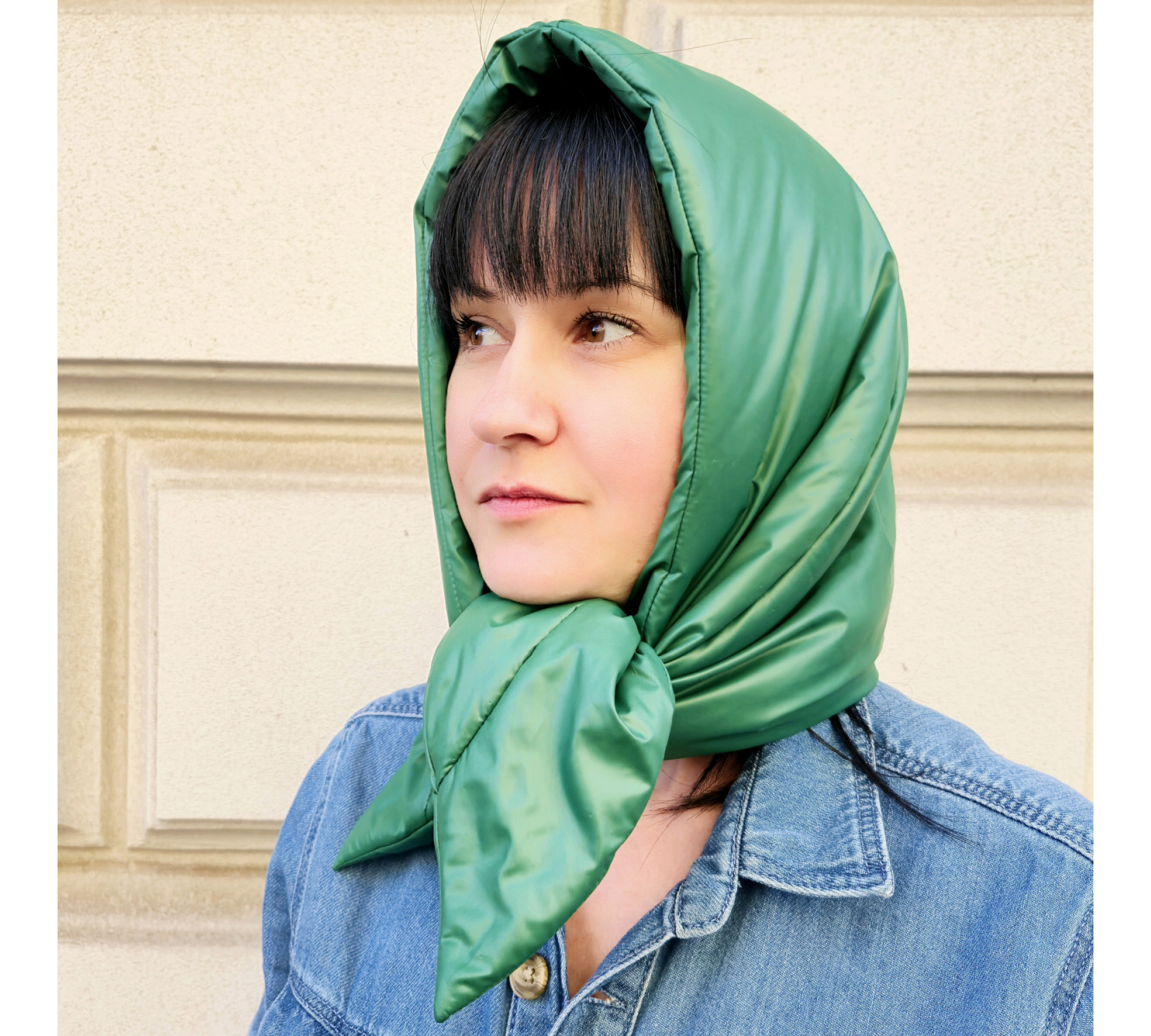 Hood scarf puffer. Warm quilted kerchief. Light down headdress. 