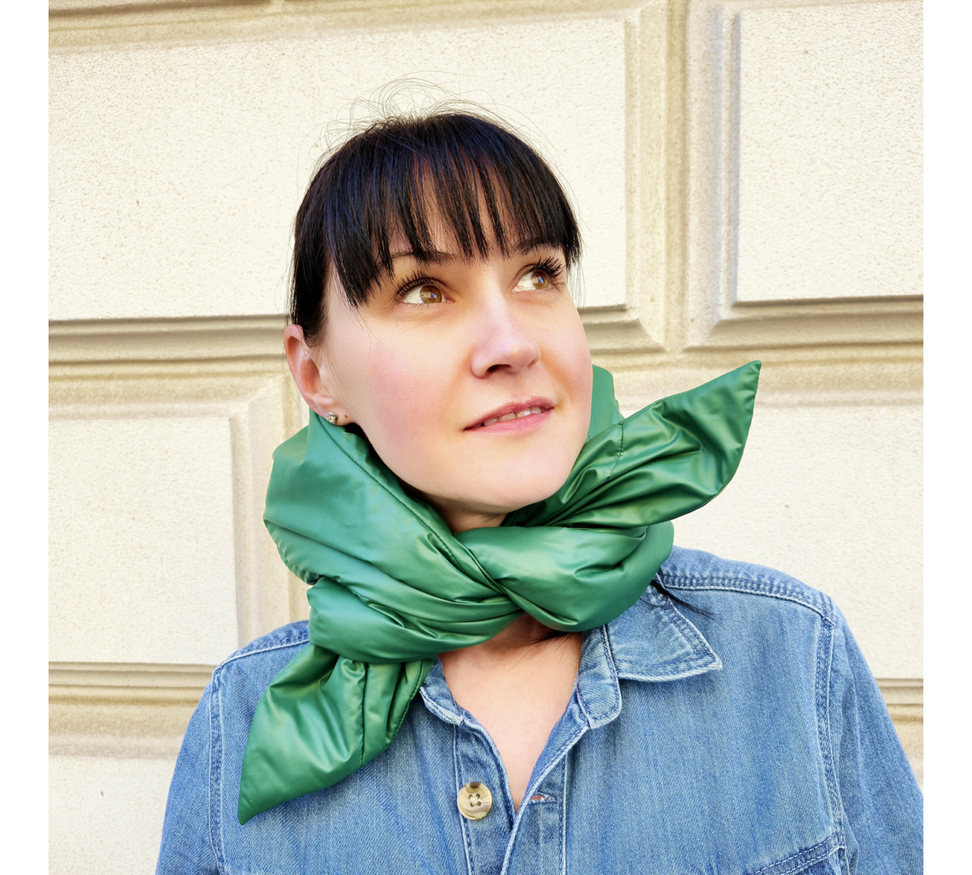 Hood scarf puffer. Warm quilted kerchief. Light down headdress. 