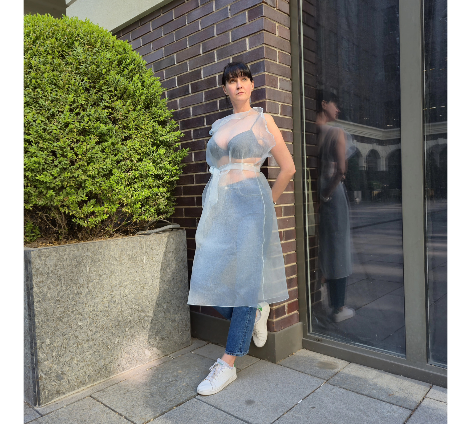 Pale Blue Crinkled Organza Sheer Belted Dress turn back to front.
