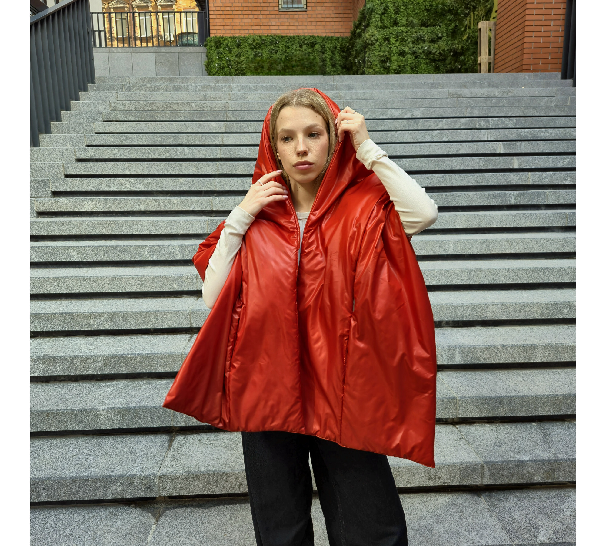 Winter puffy scarf with pockets and a hood