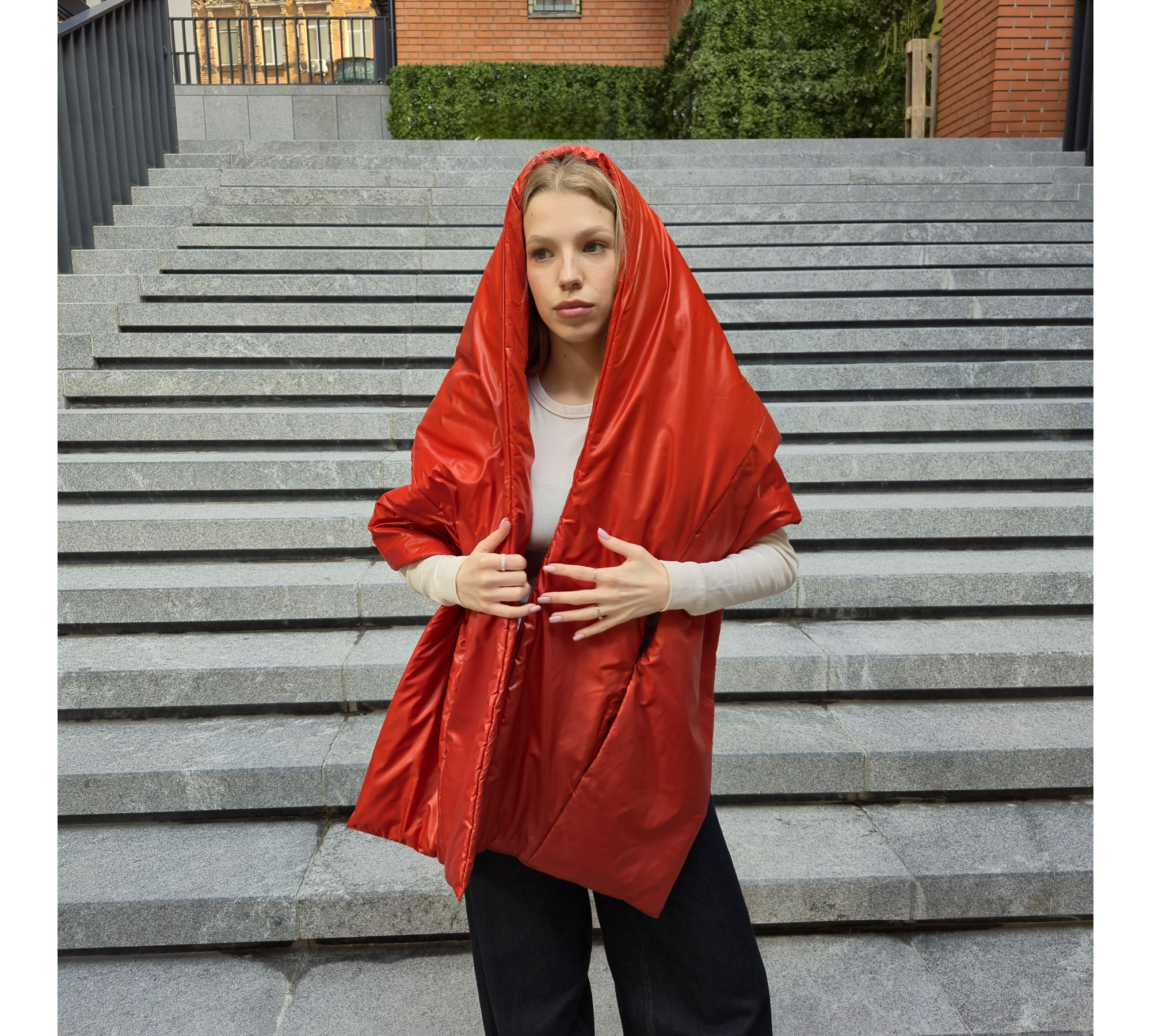 Winter puffy scarf with pockets and a hood