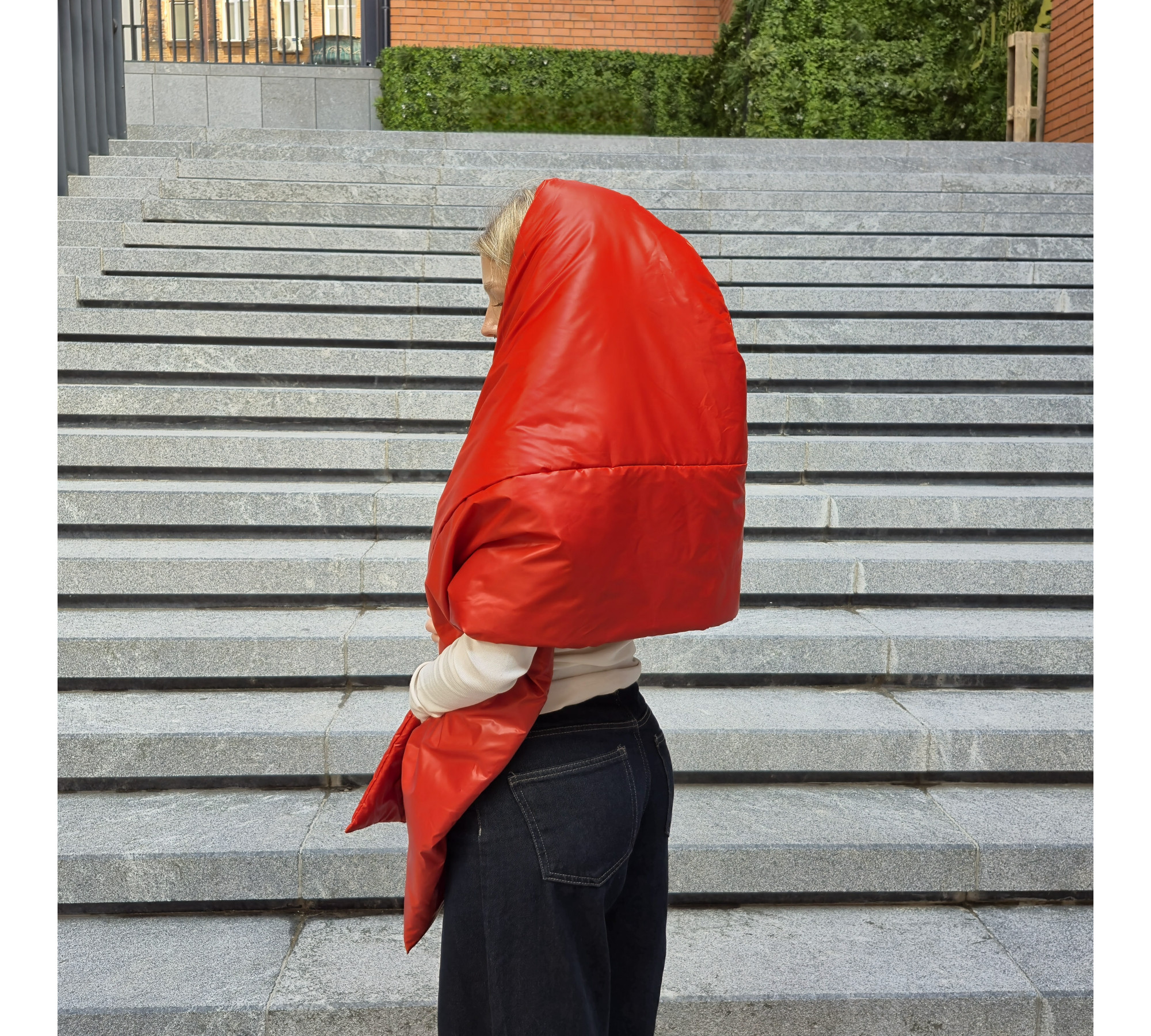 Winter puffy scarf with pockets and a hood