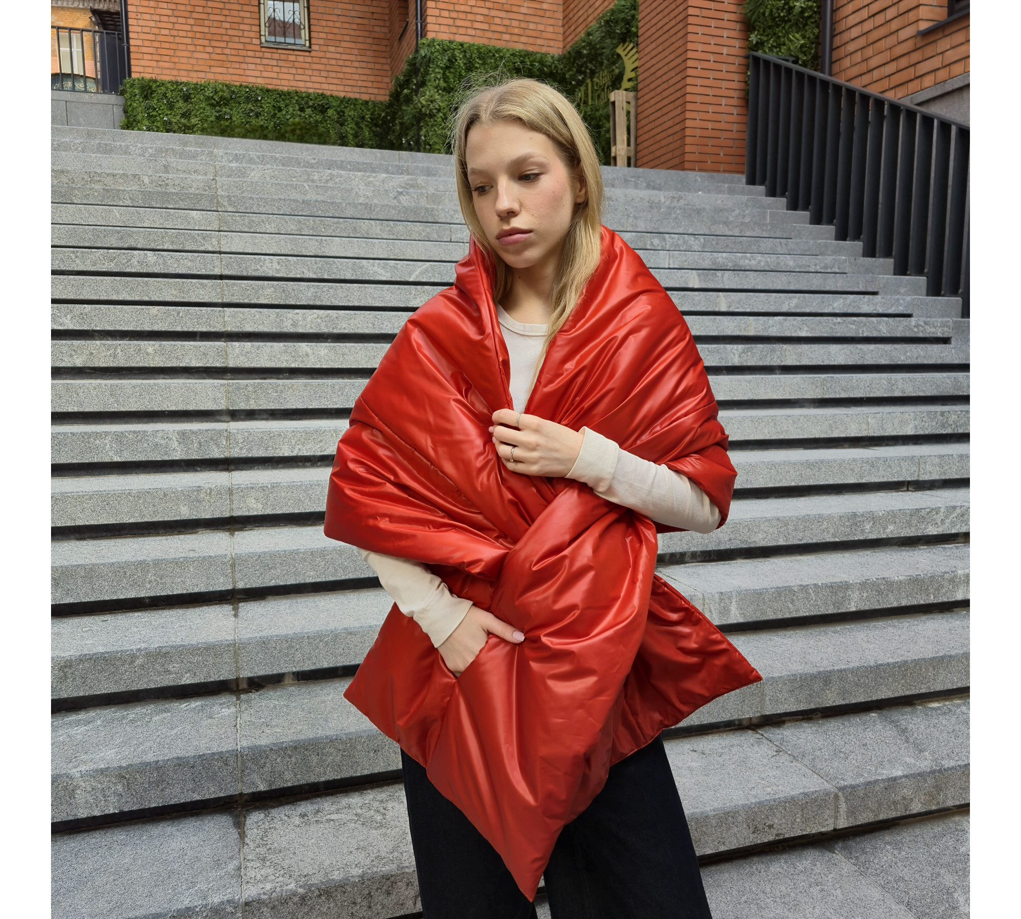 Winter puffy scarf with pockets and a hood