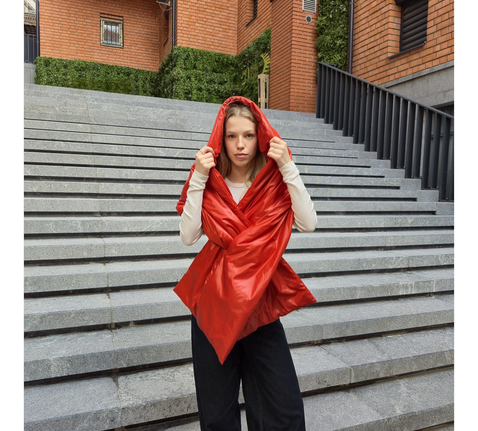 Winter puffy scarf with pockets and a hood