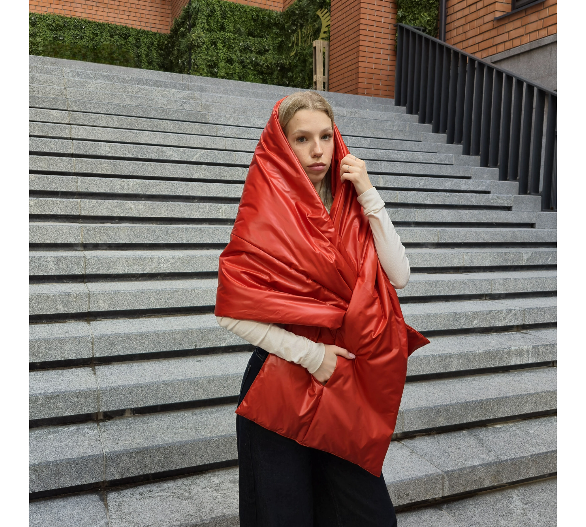 Winter puffy scarf with pockets and a hood