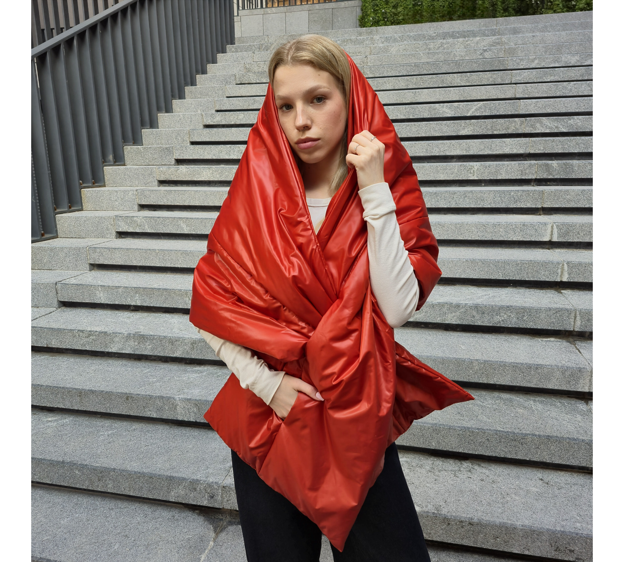 Winter puffy scarf with pockets and a hood