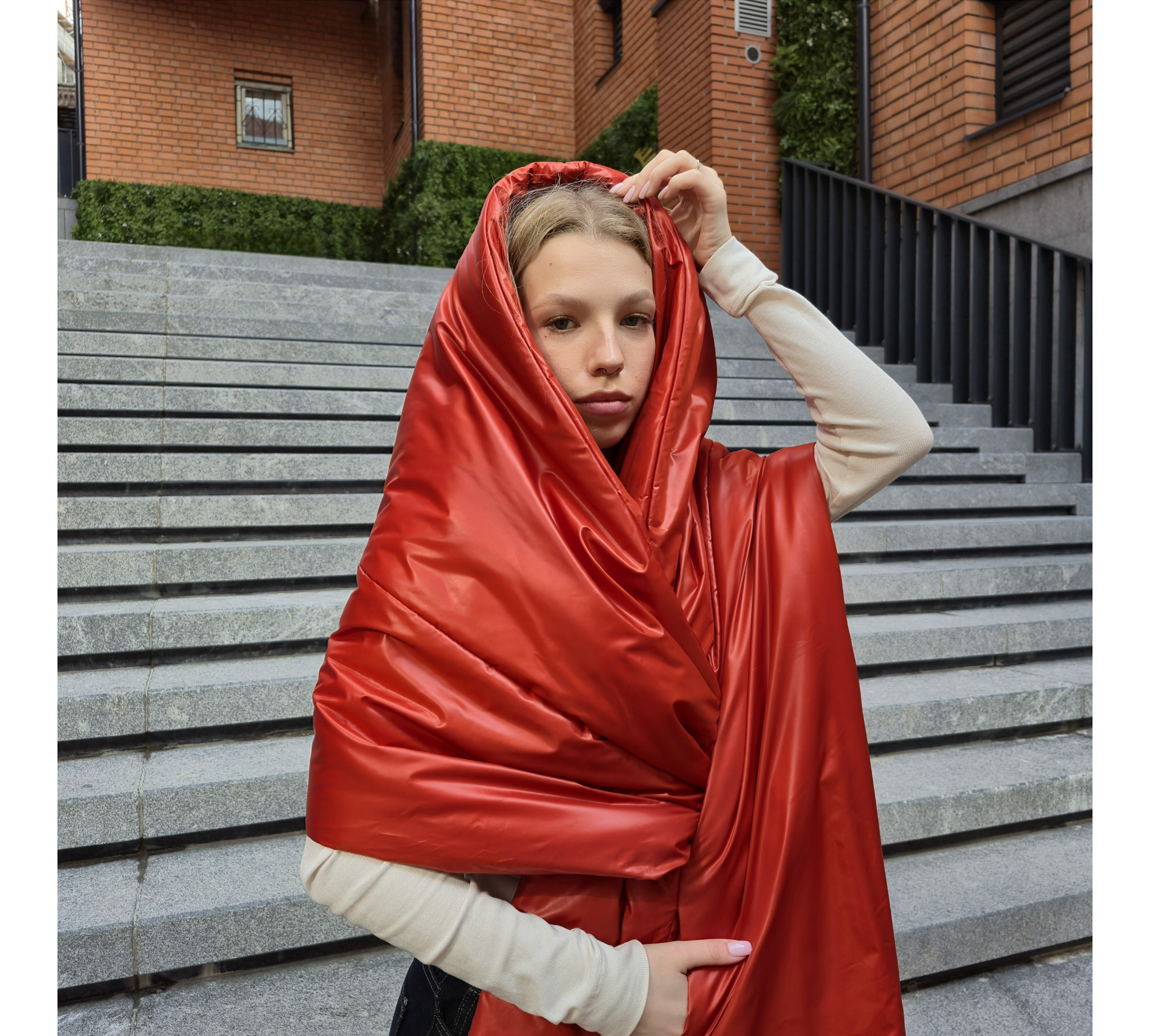 Winter puffy scarf with pockets and a hood