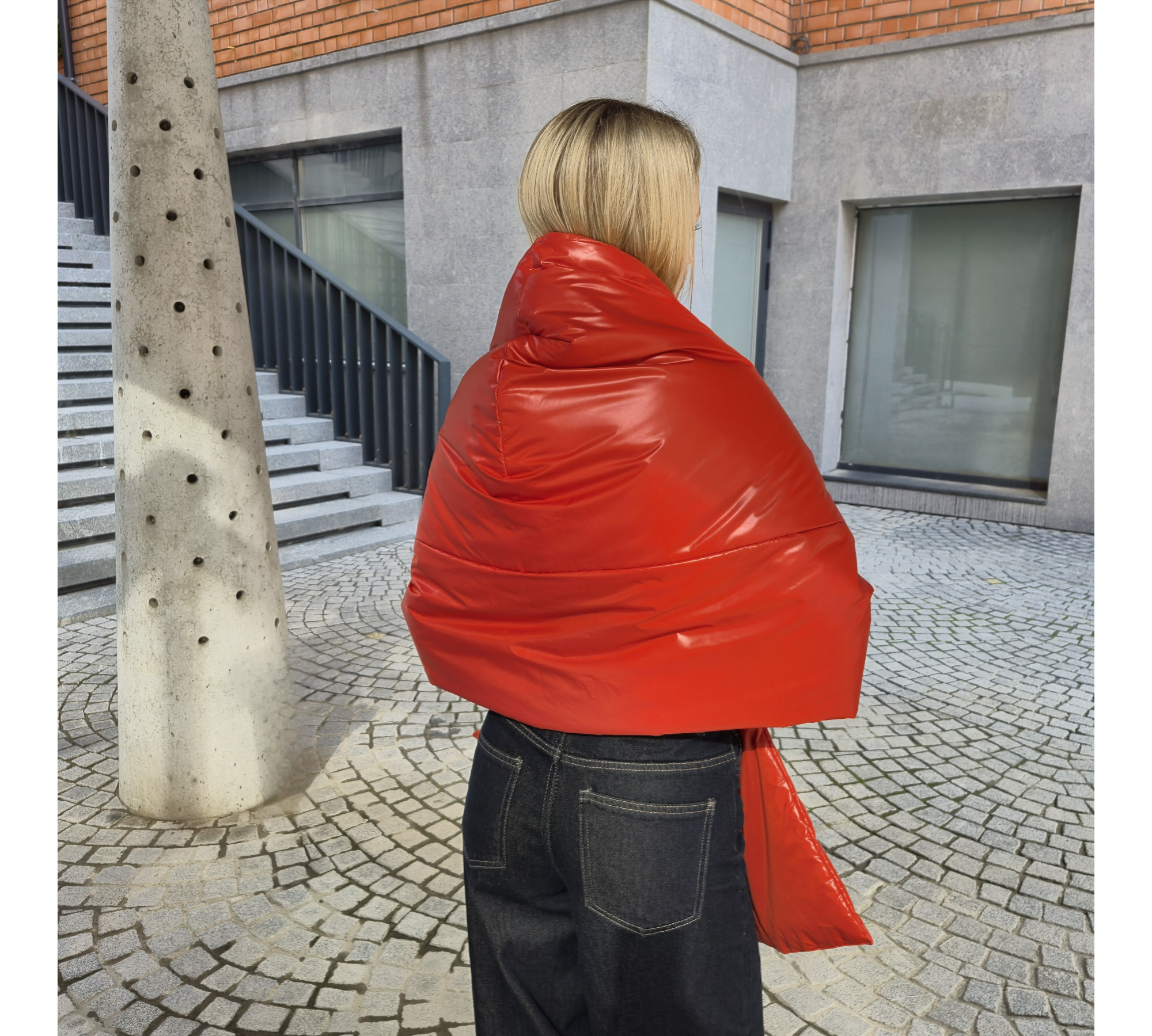 Winter puffy scarf with pockets and a hood