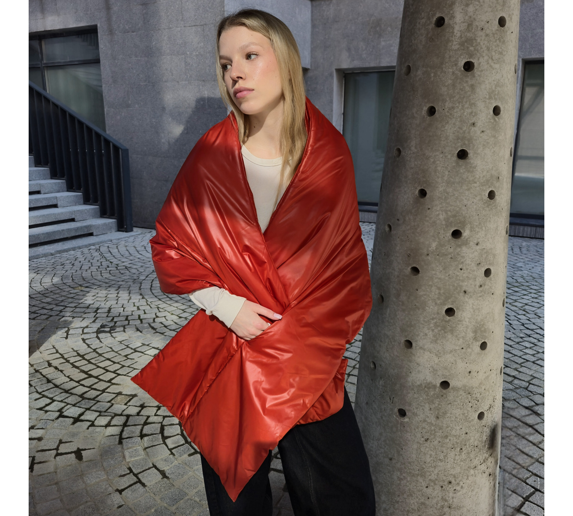 Winter puffy scarf with pockets and a hood