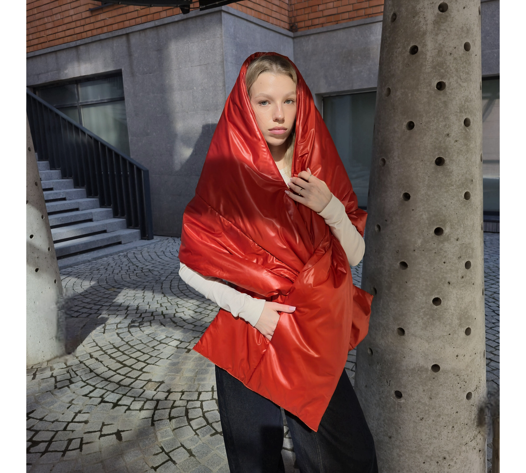 Winter puffy scarf with pockets and a hood