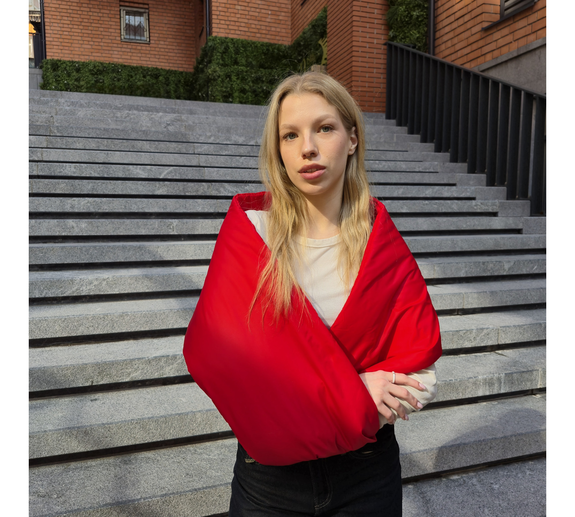 Quilted infinity shawl. Bright twist scarf.