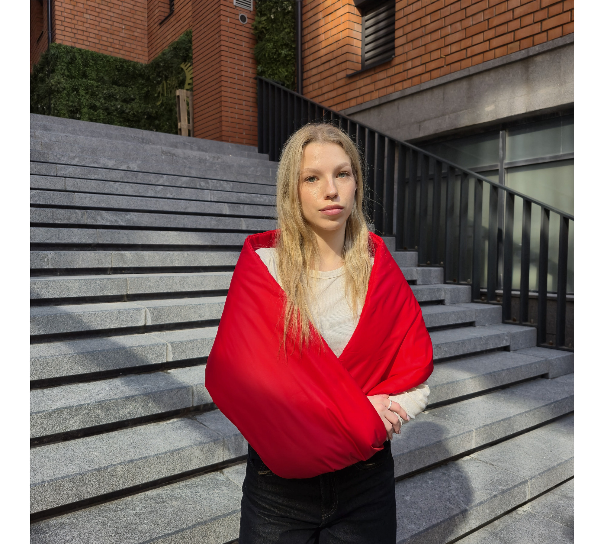 Quilted infinity shawl. Bright twist scarf.